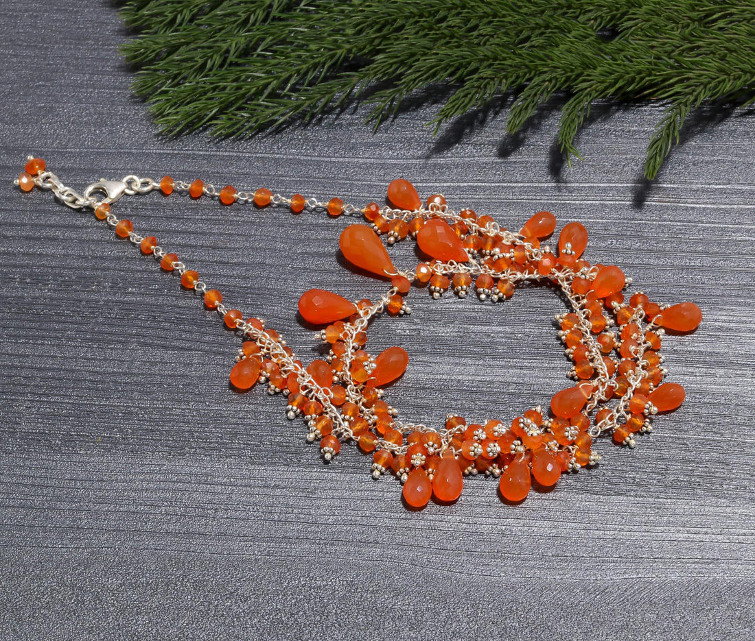 Vibrant Carnelian Dangle & Cluster Necklace | 925 Sterling Silver Beaded Chain