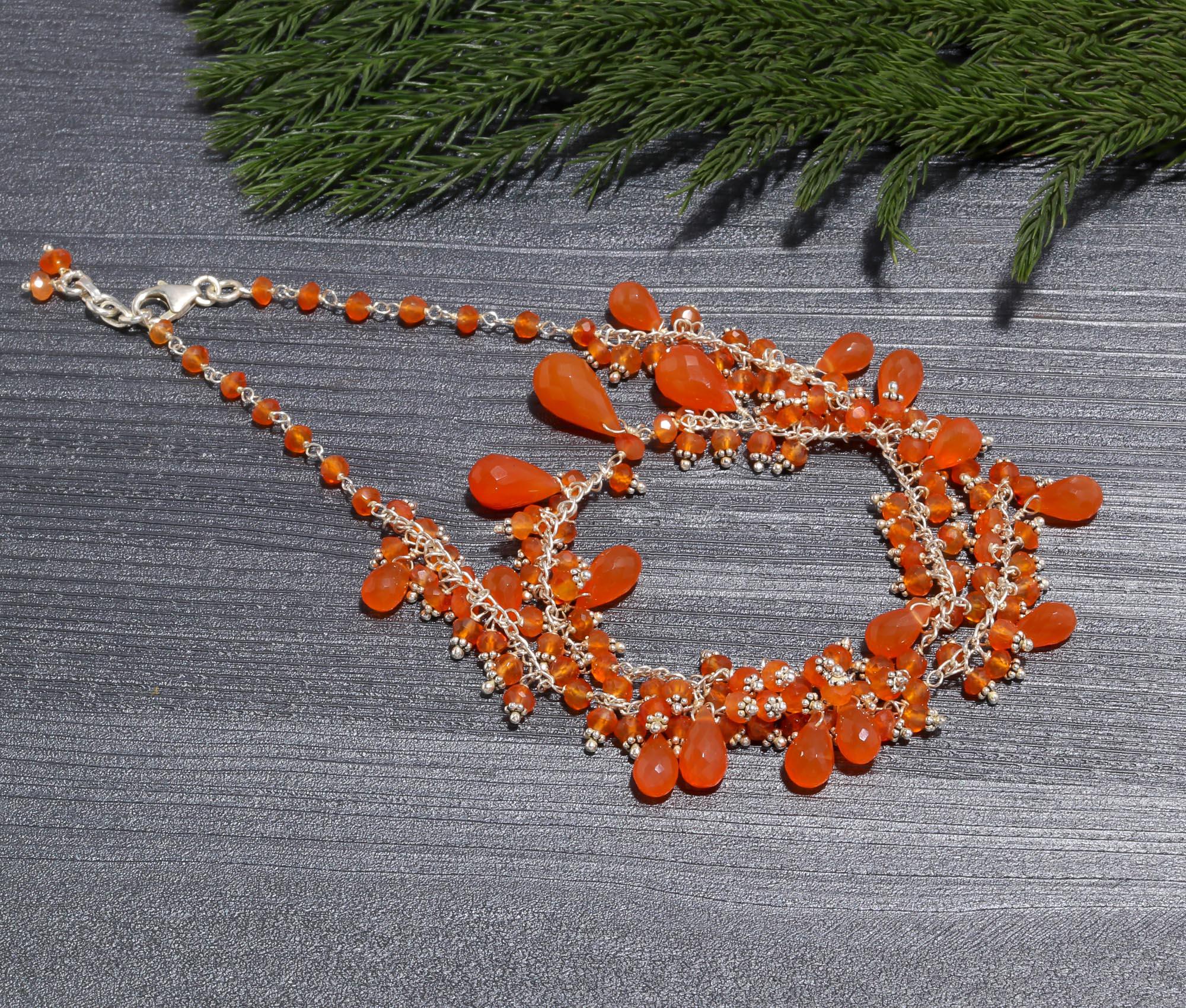 Vibrant Carnelian Dangle & Cluster Necklace | 925 Sterling Silver Beaded Chain