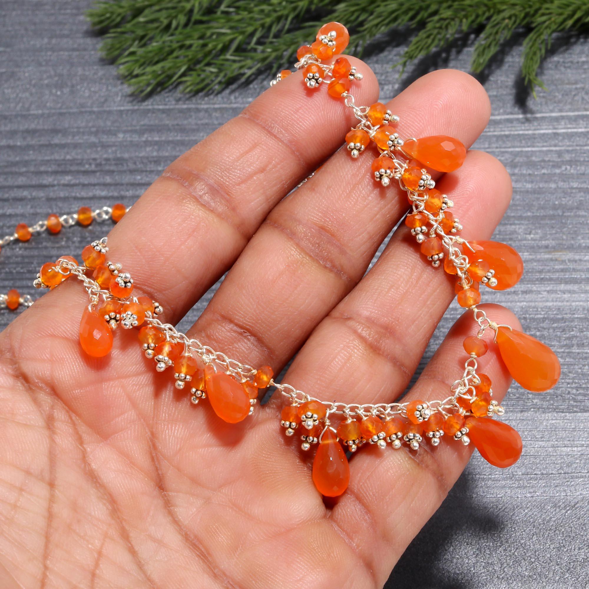 Vibrant Carnelian Dangle & Cluster Necklace | 925 Sterling Silver Beaded Chain