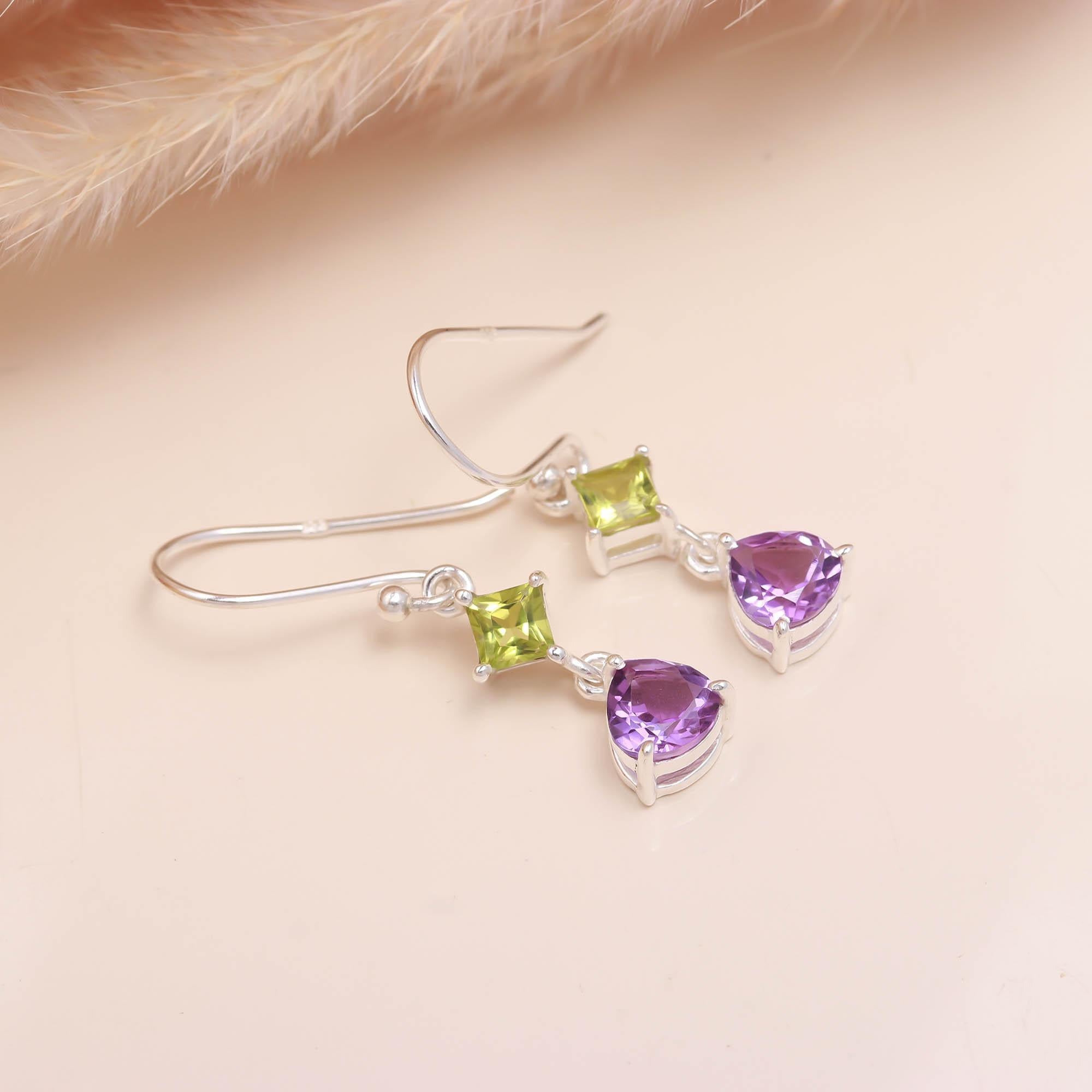 Garden Harmony: Peridot & Amethyst Sterling Silver Earrings