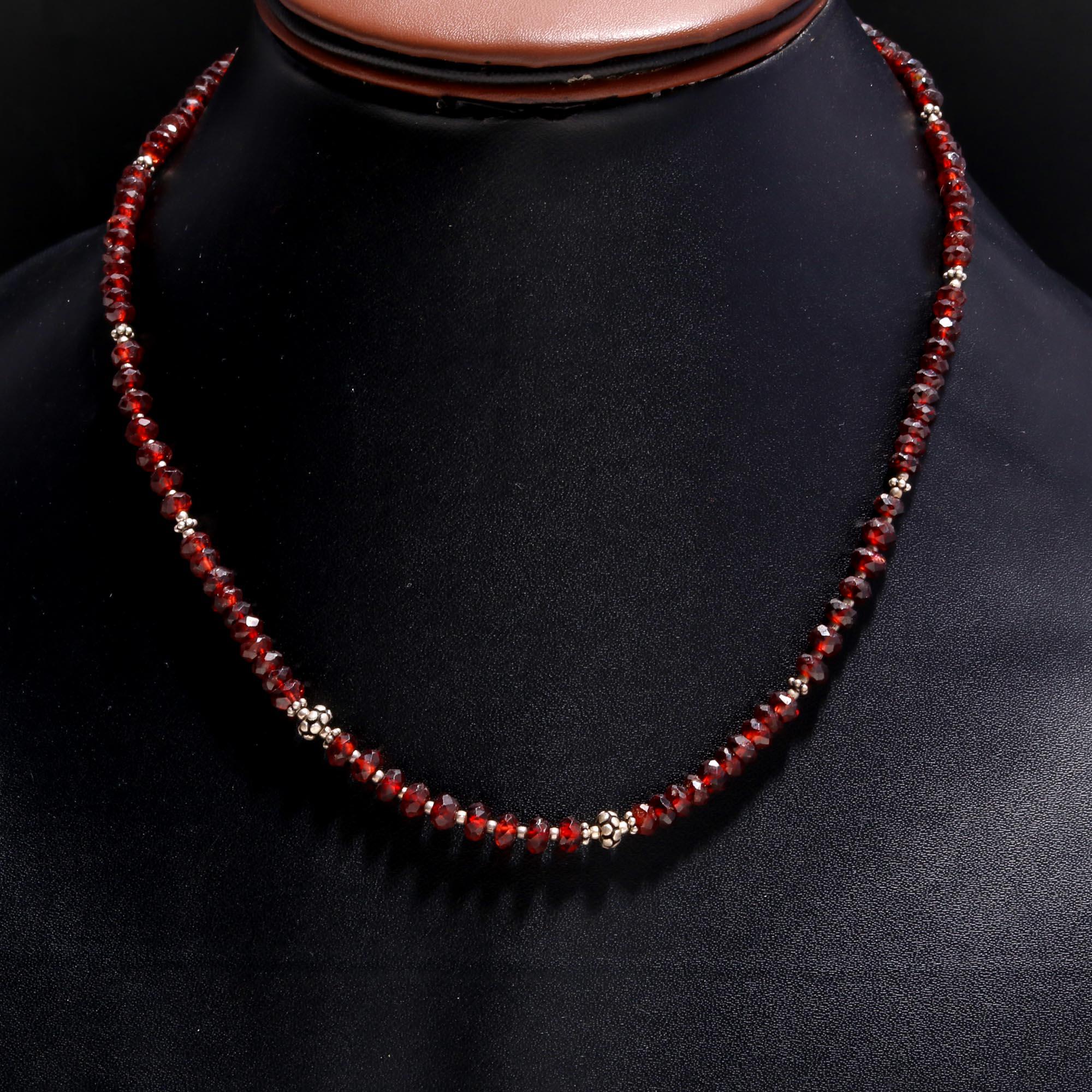 Sparkling Red Garnet & Sterling Silver Beaded Necklace | Dainty Gemstone Choker