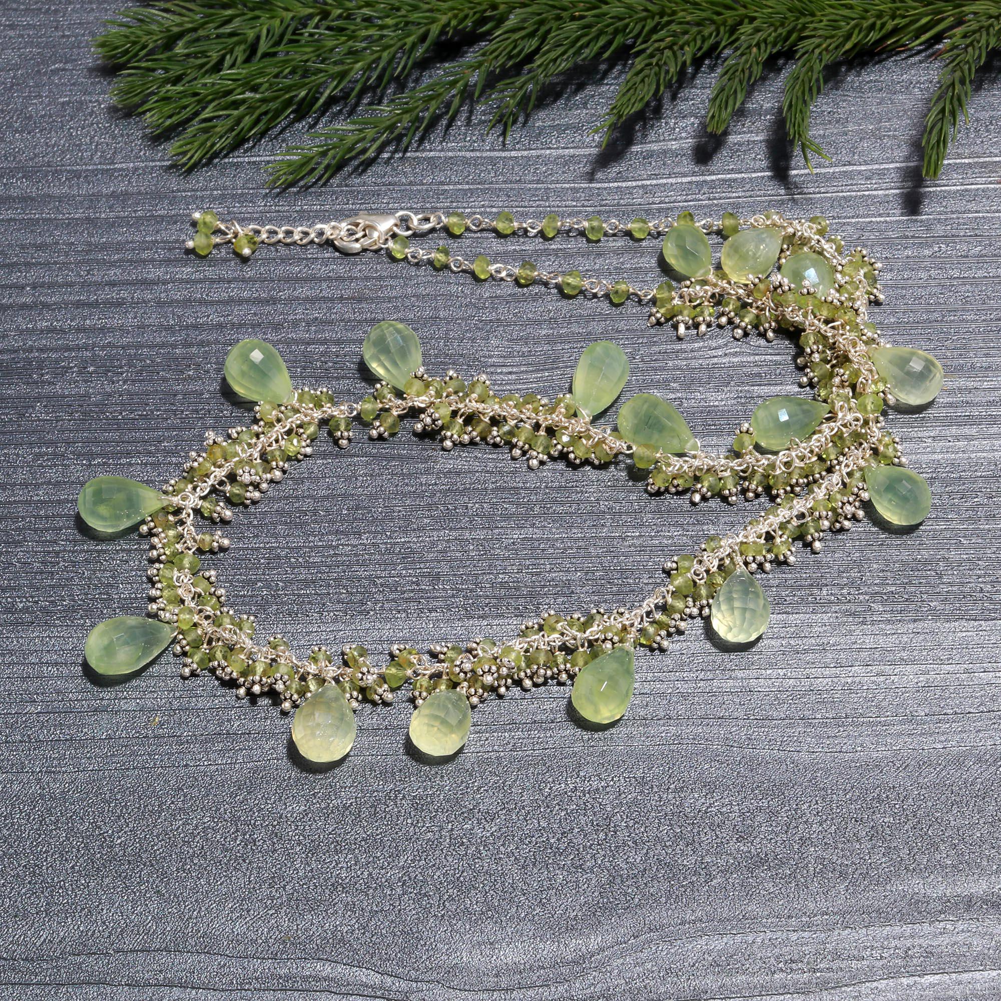 Natural Prehnite and Peridot Cluster & Dangle Necklace 925 Sterling Silver Beaded Chain