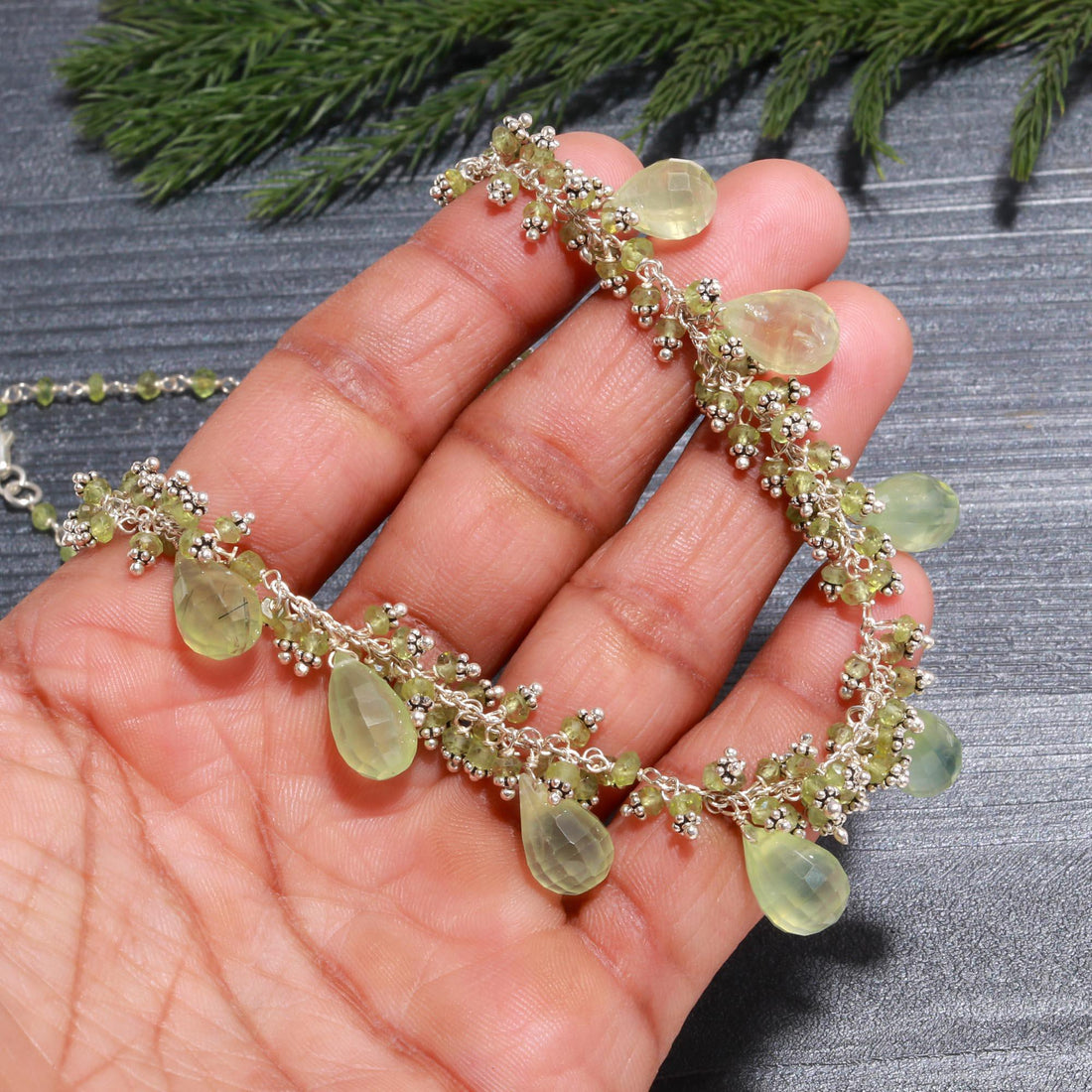 Natural Prehnite and Peridot Cluster & Dangle Necklace 925 Sterling Silver Beaded Chain