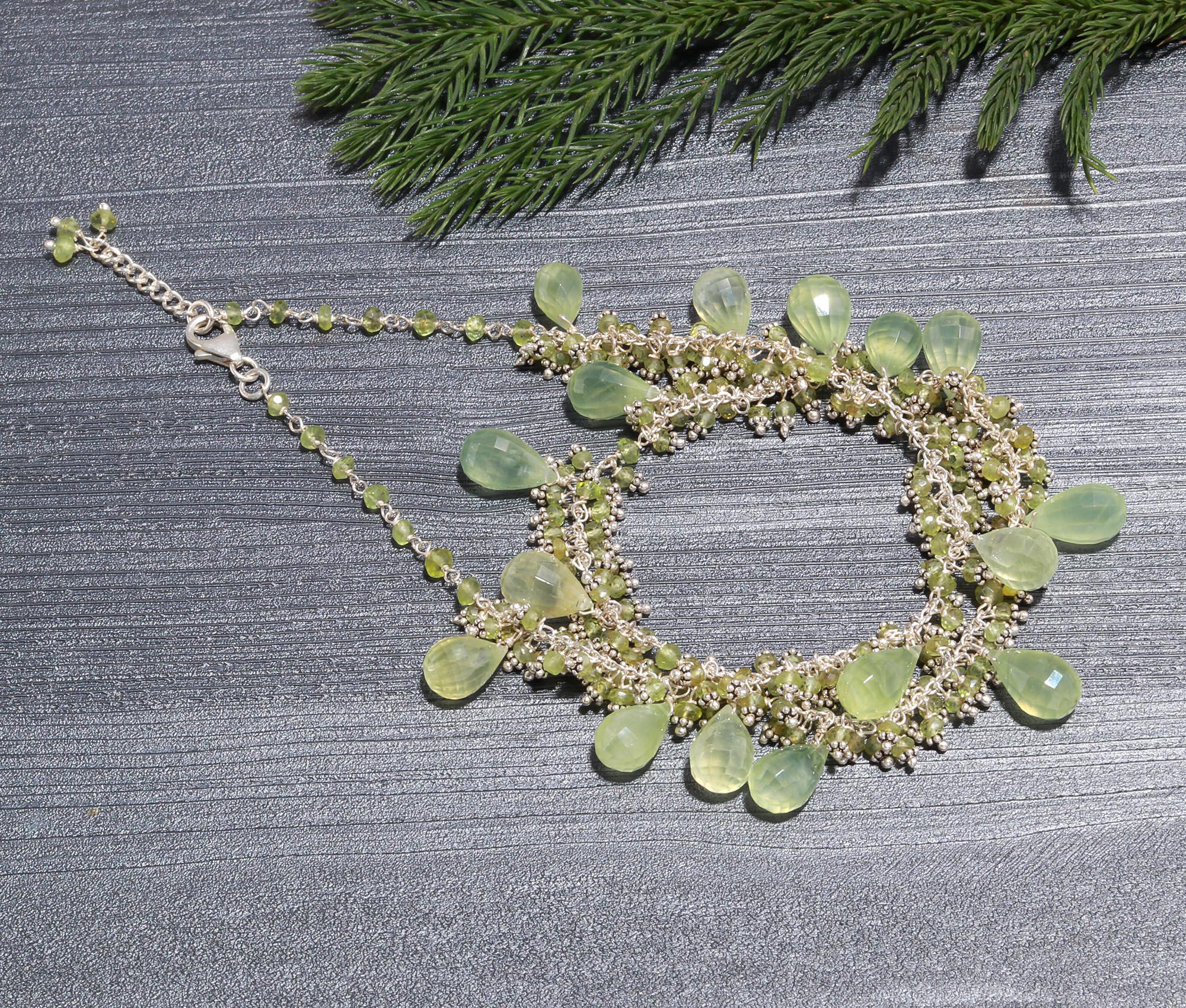 Natural Prehnite and Peridot Cluster & Dangle Necklace 925 Sterling Silver Beaded Chain