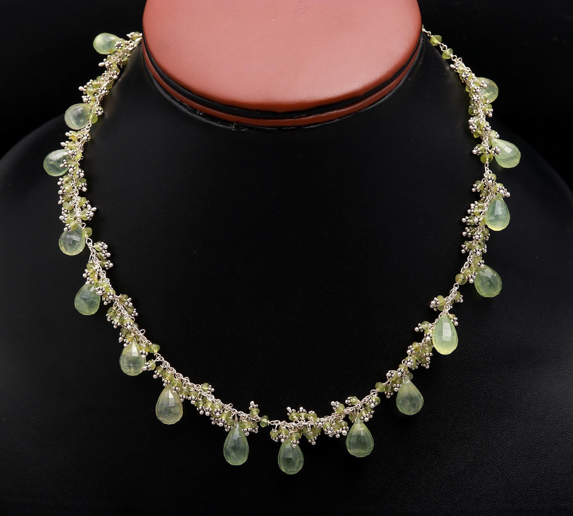 Natural Prehnite and Peridot Cluster & Dangle Necklace 925 Sterling Silver Beaded Chain