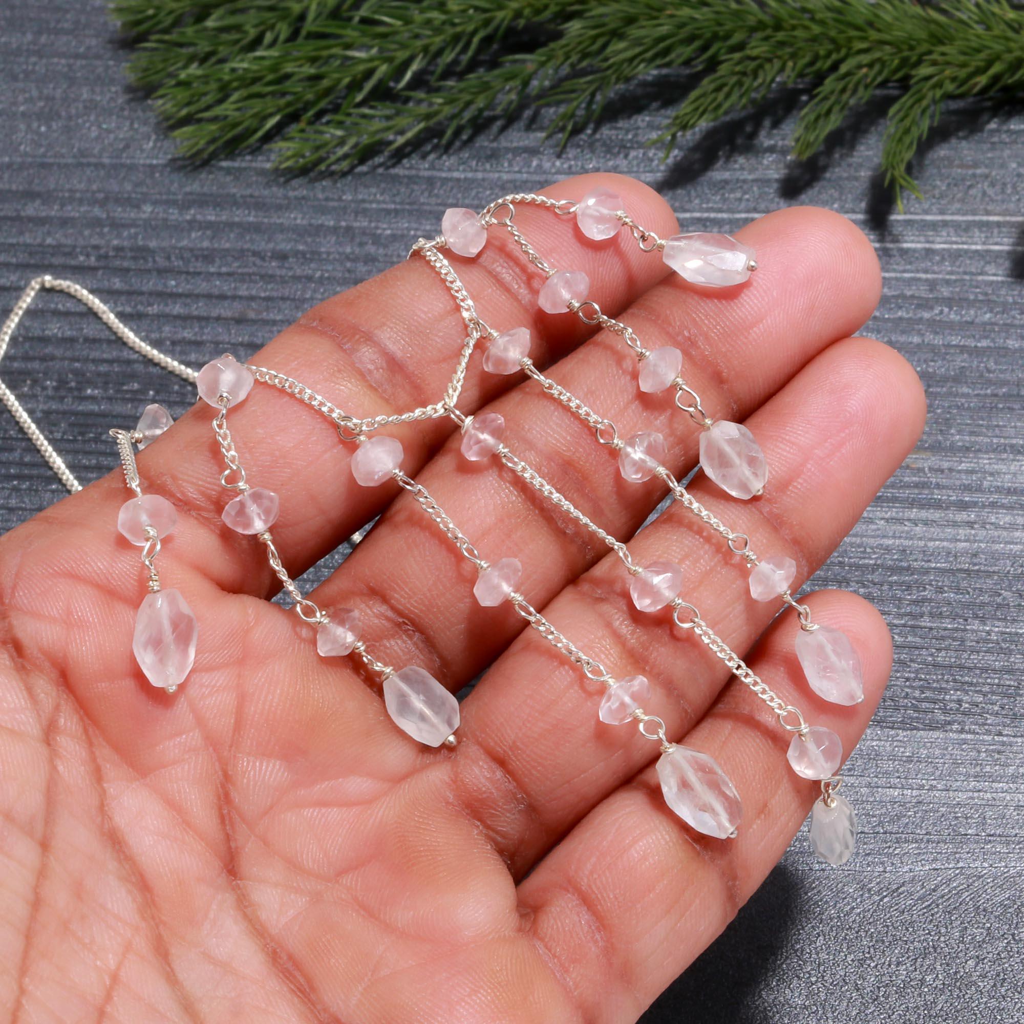 Rose Quartz Dangle Necklace | 925 Sterling Silver Beaded Cascade