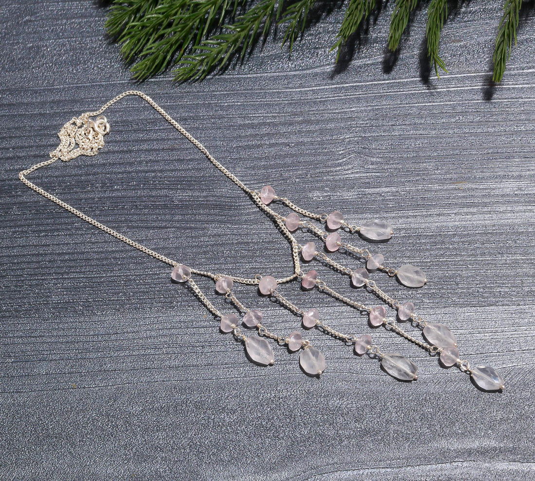 Rose Quartz Dangle Necklace | 925 Sterling Silver Beaded Cascade
