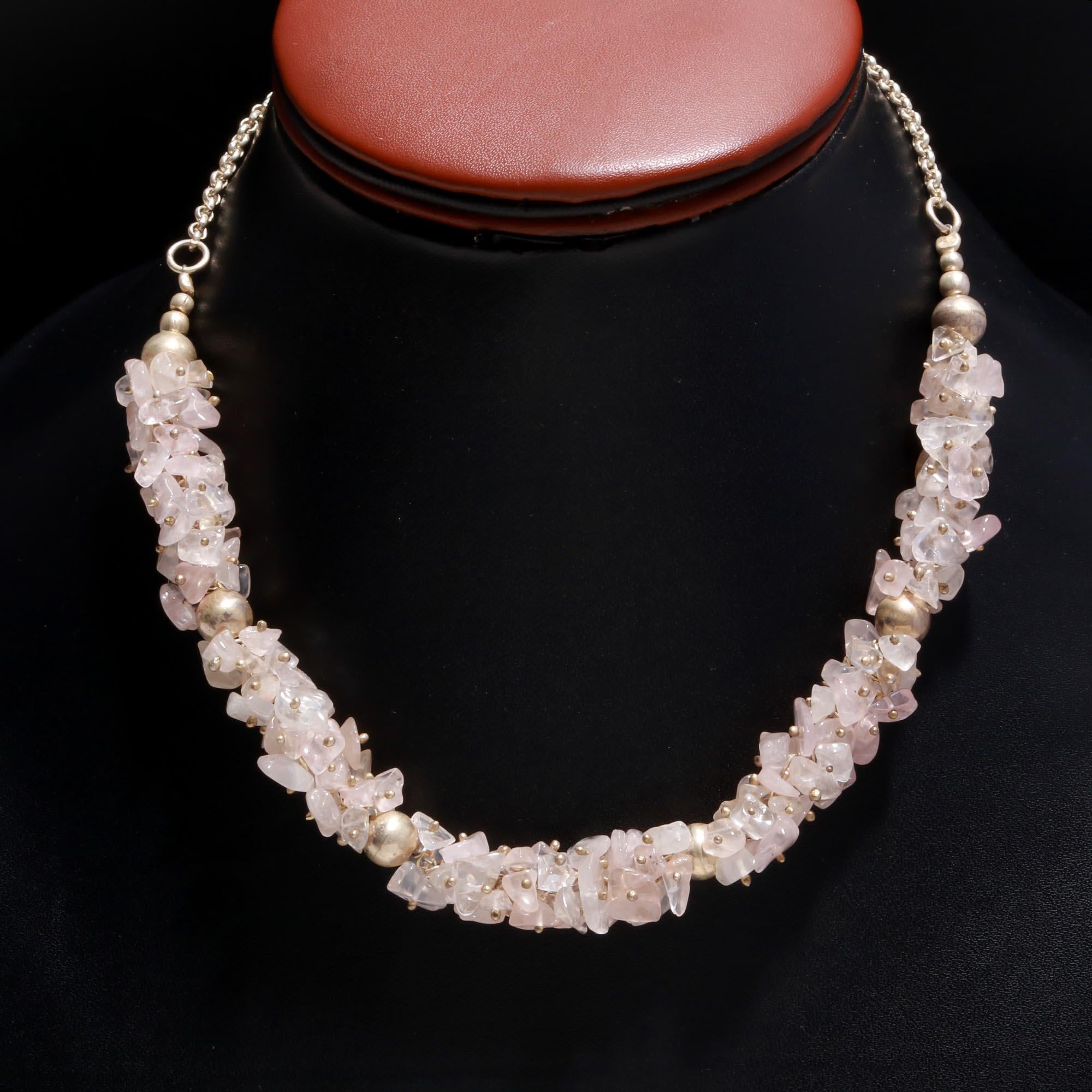 Natural Rose Quartz Raw Beads Necklace with 925 Silver Beads