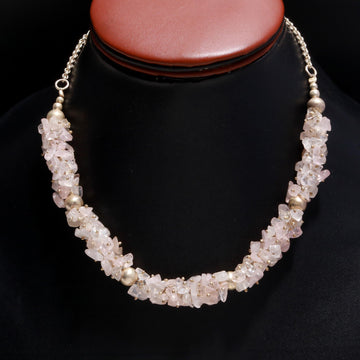 Natural Rose Quartz Raw Beads Necklace with 925 Silver Beads