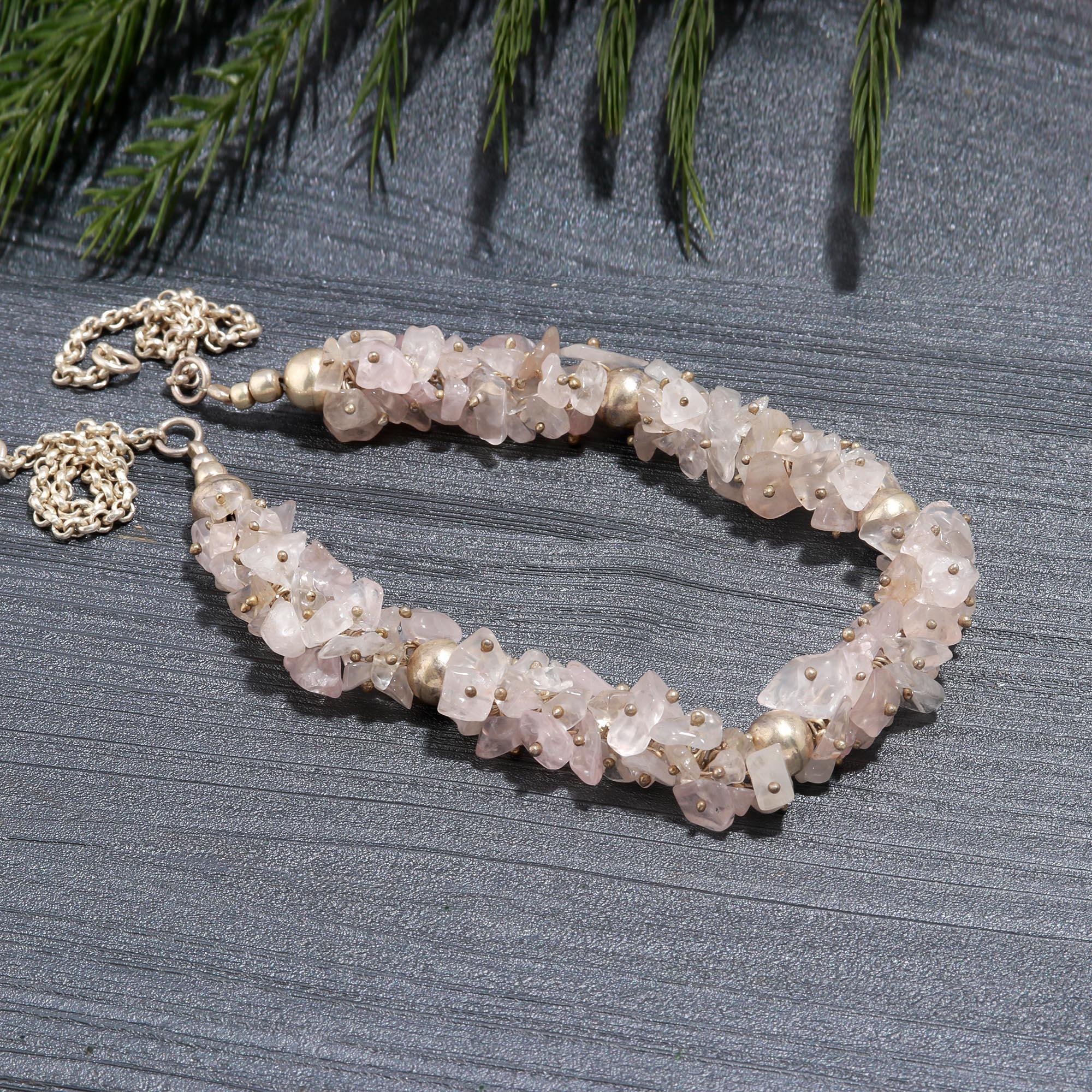Natural Rose Quartz Raw Beads Necklace with 925 Silver Beads