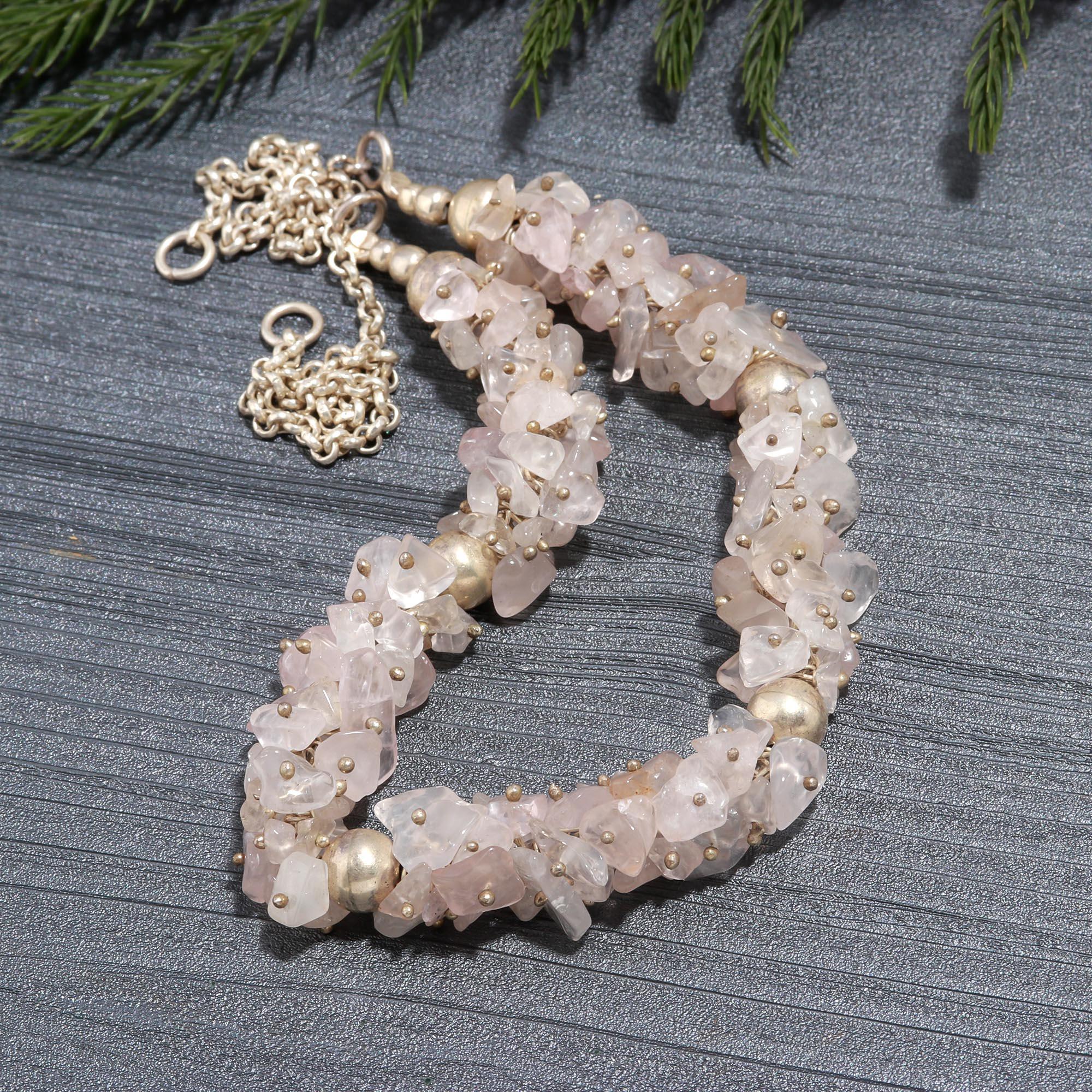 Natural Rose Quartz Raw Beads Necklace with 925 Silver Beads