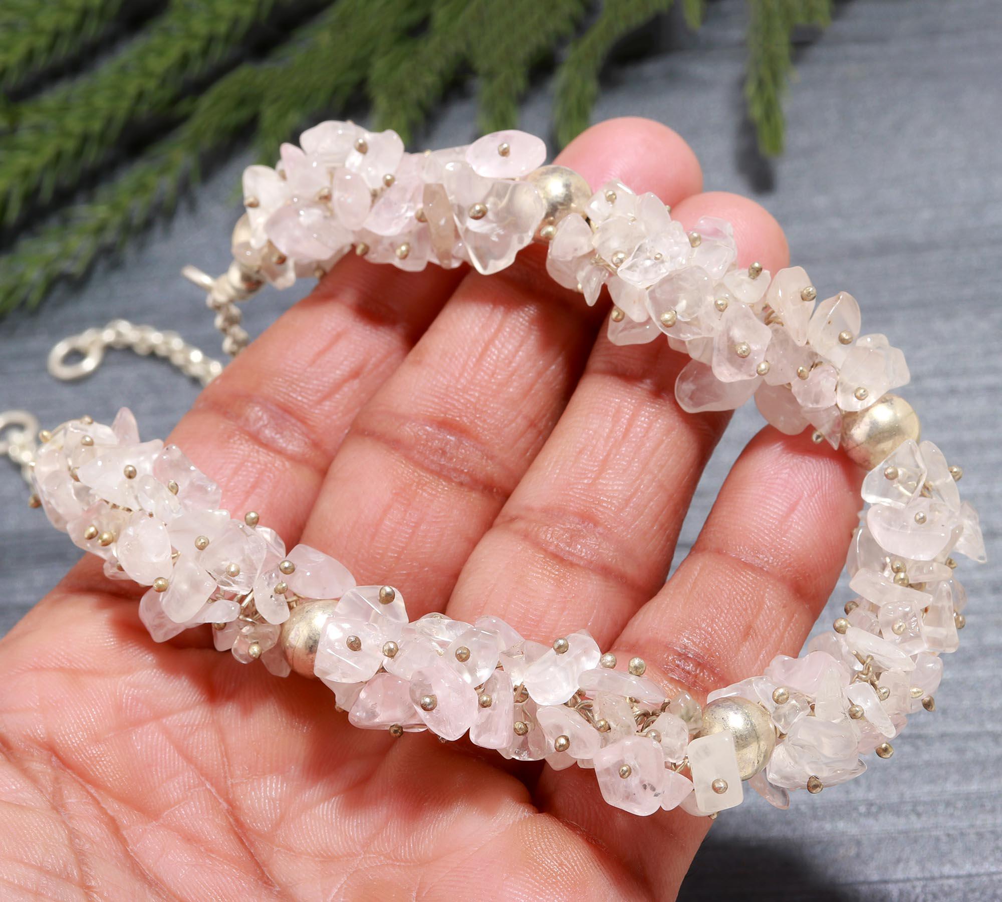 Natural Rose Quartz Raw Beads Necklace with 925 Silver Beads