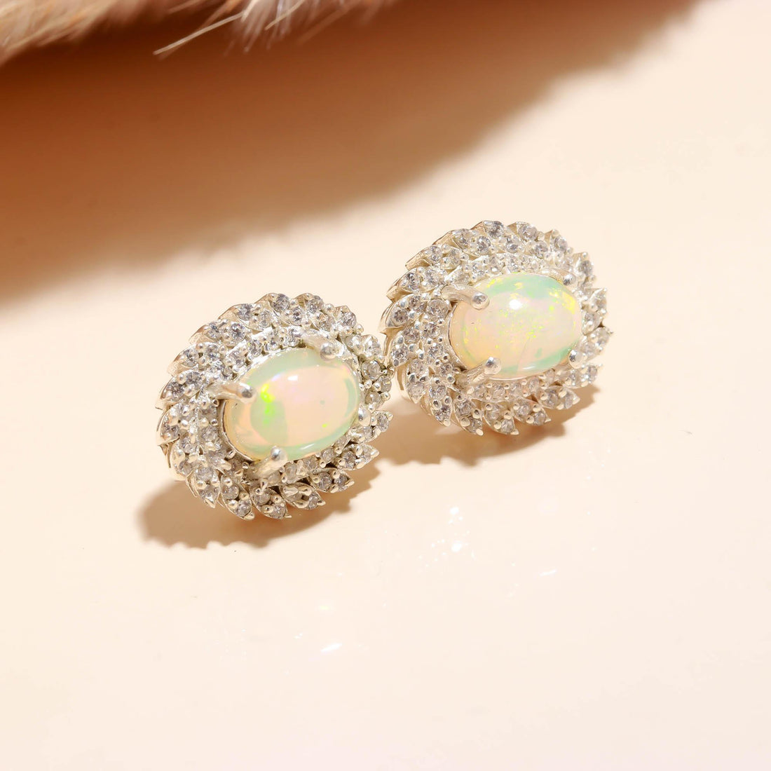 Celestial Glow: Ethiopian Opal and Zircon Silver Stud Earrings