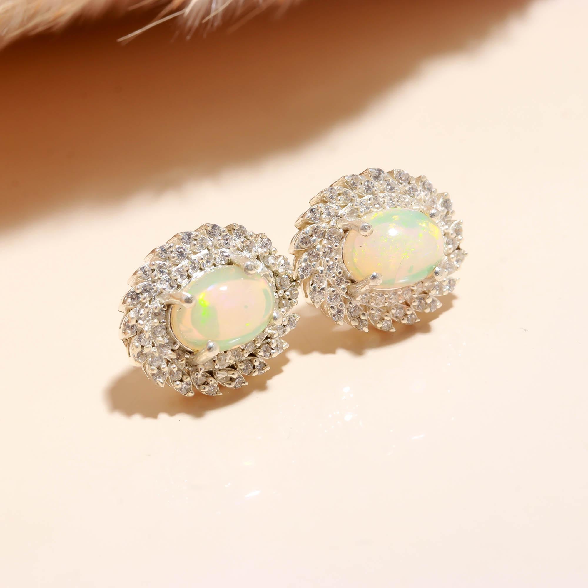 Celestial Glow: Ethiopian Opal and Zircon Silver Stud Earrings