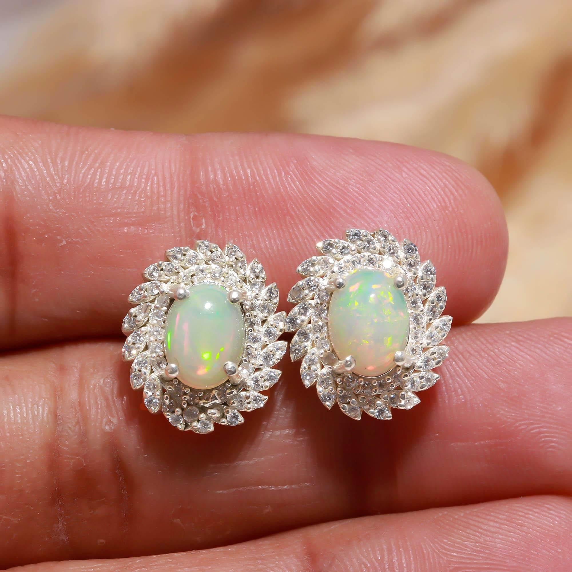 Celestial Glow: Ethiopian Opal and Zircon Silver Stud Earrings