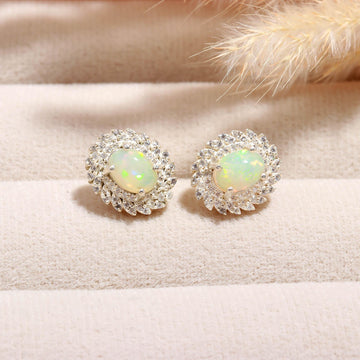 Celestial Glow: Ethiopian Opal and Zircon Silver Stud Earrings
