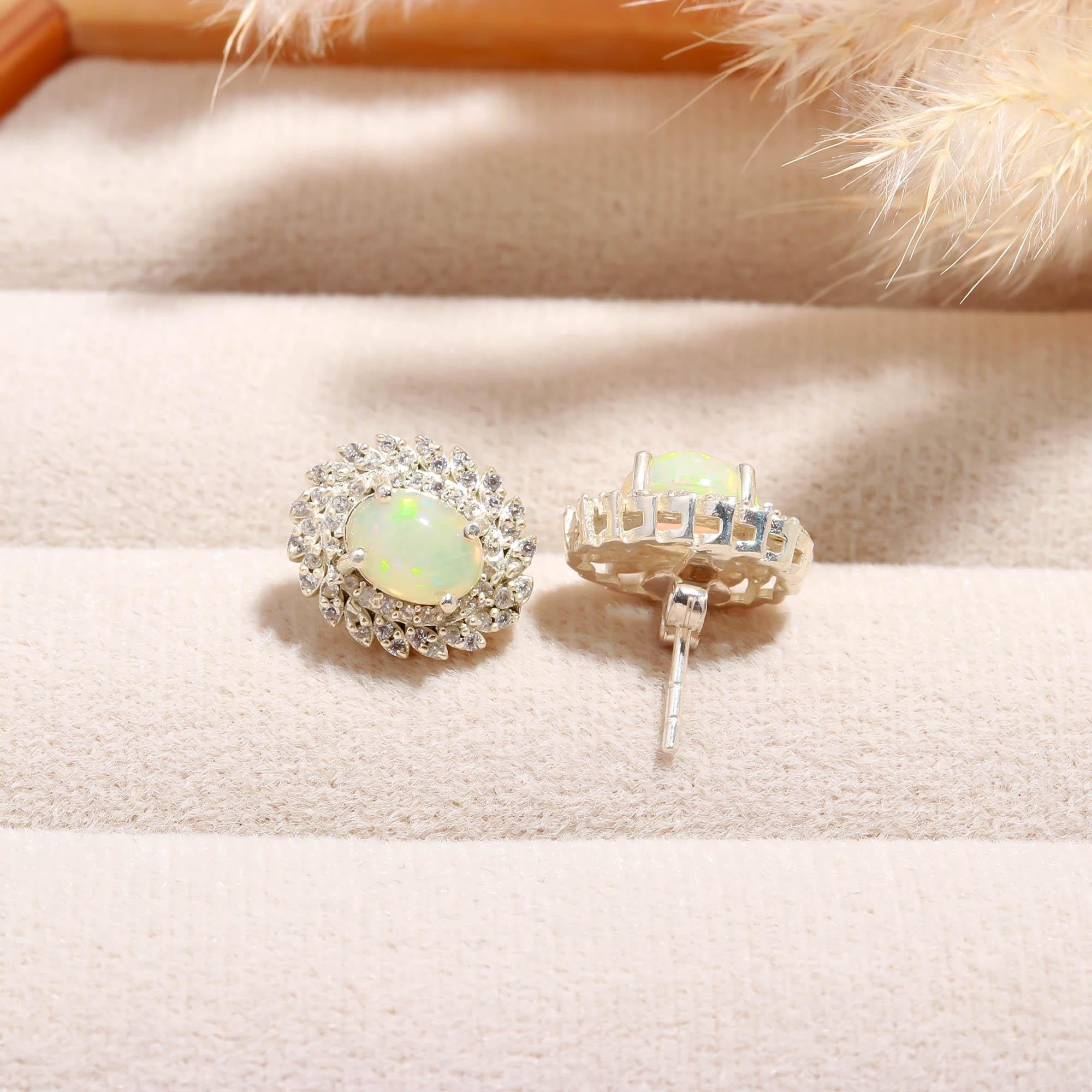 Celestial Glow: Ethiopian Opal and Zircon Silver Stud Earrings