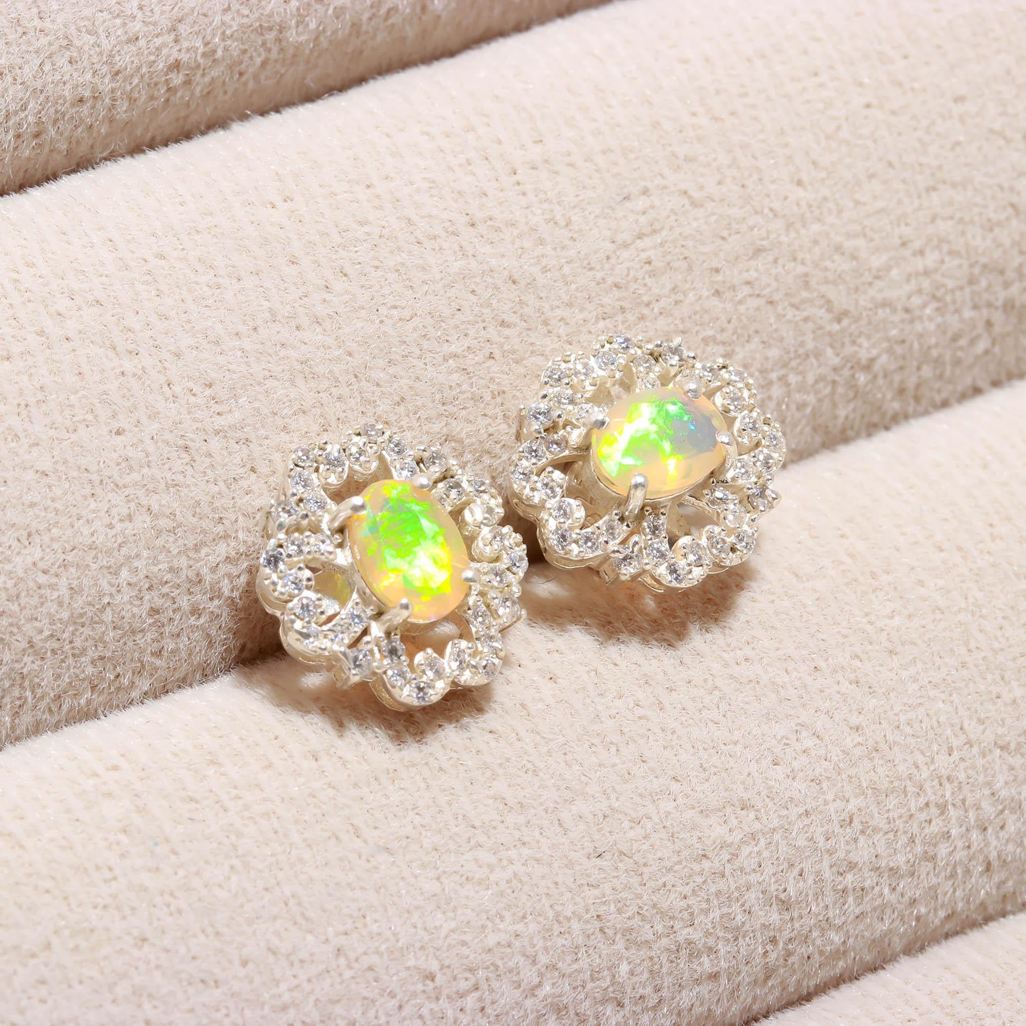 Aurora Glow: Ethiopian Opal and Zircon Silver Stud Earrings