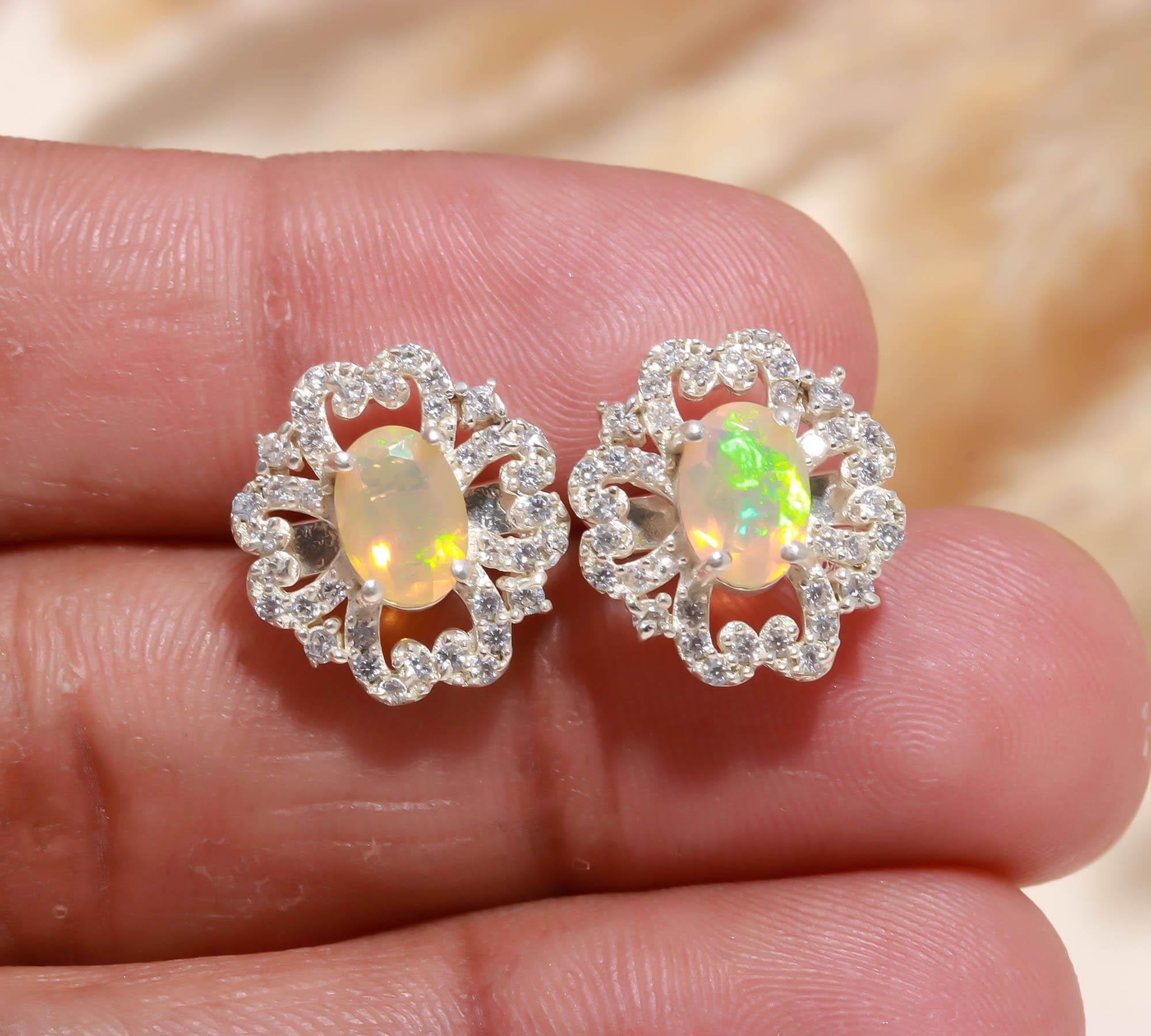 Aurora Glow: Ethiopian Opal and Zircon Silver Stud Earrings