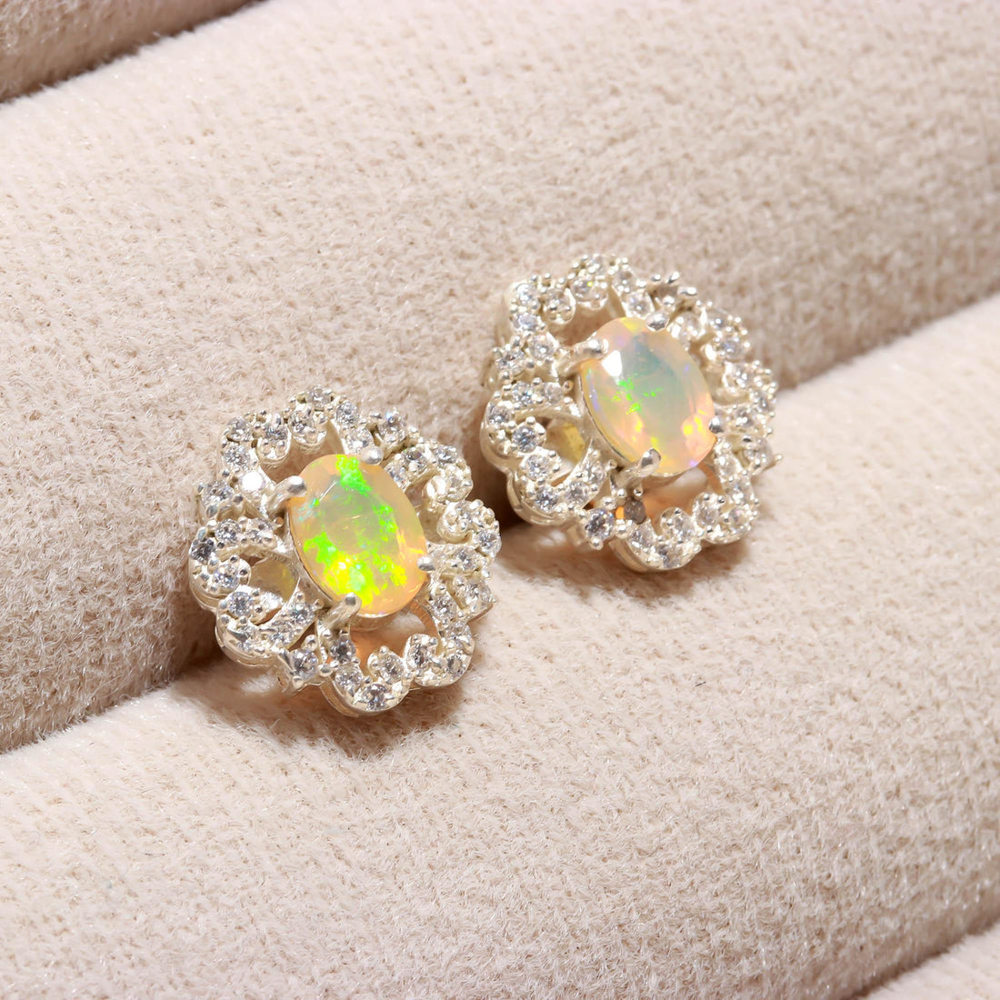 Aurora Glow: Ethiopian Opal and Zircon Silver Stud Earrings