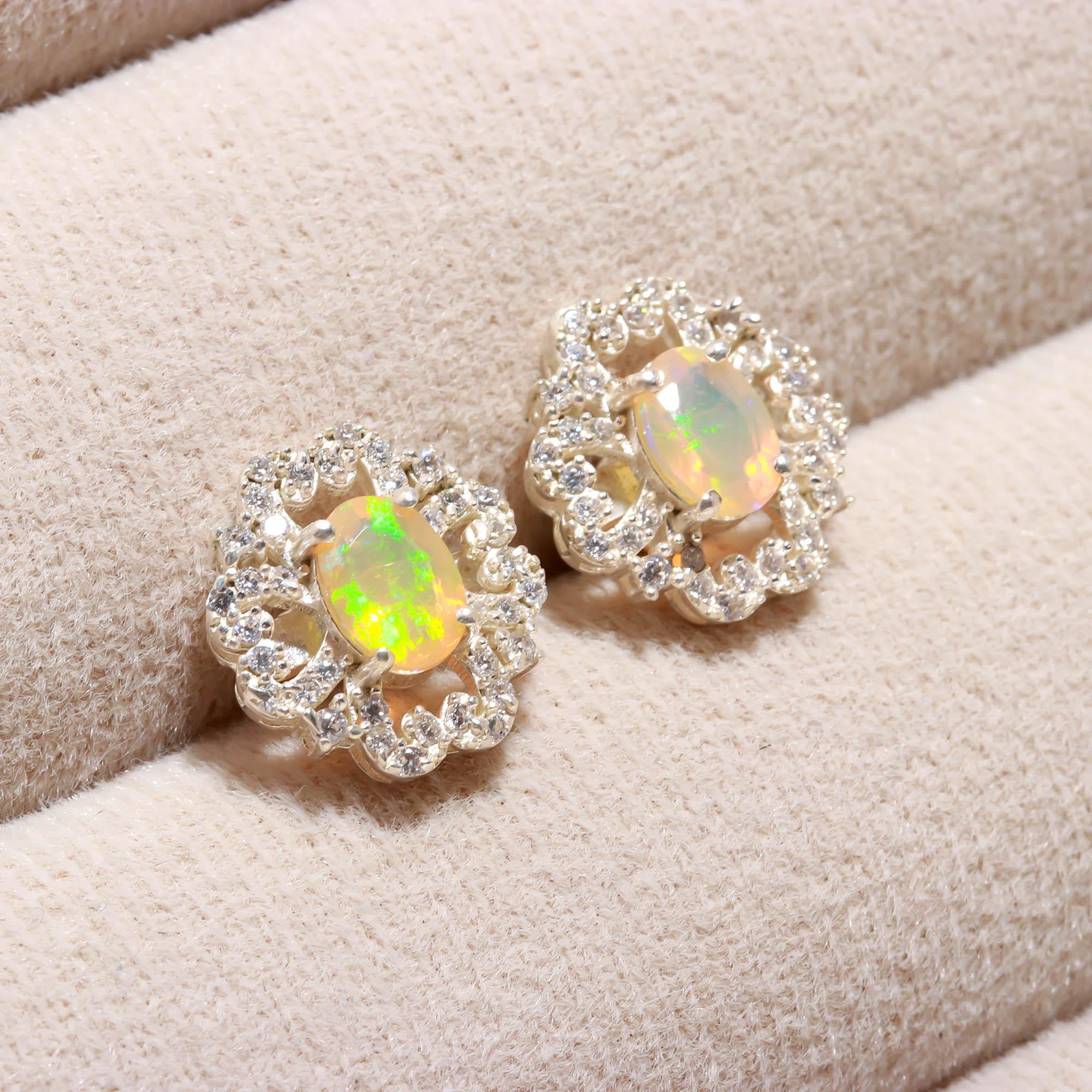 Aurora Glow: Ethiopian Opal and Zircon Silver Stud Earrings