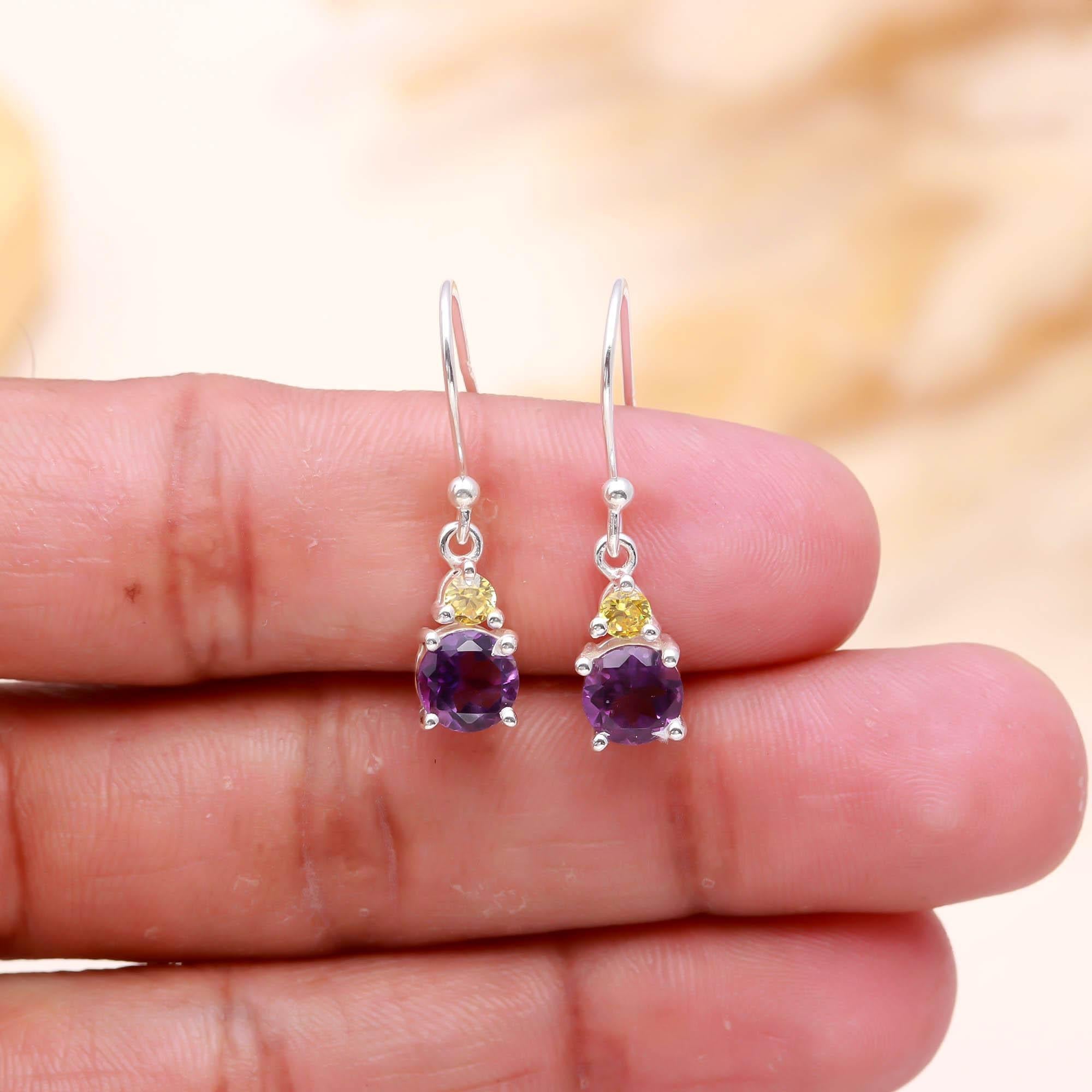 Natural Amethyst & Yellow Zircon Earrings in 925 Sterling Silver