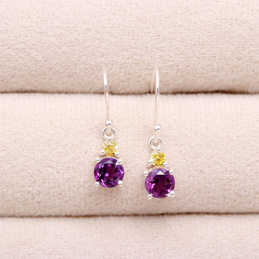 Natural Amethyst & Yellow Zircon Earrings in 925 Sterling Silver