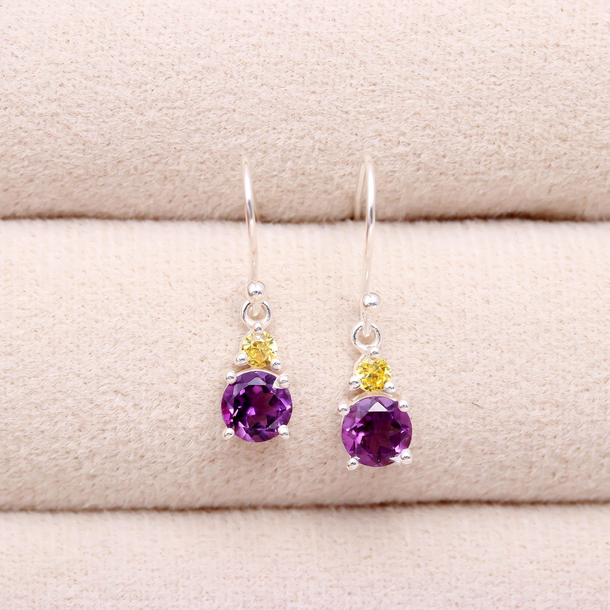 Natural Amethyst & Yellow Zircon Earrings in 925 Sterling Silver