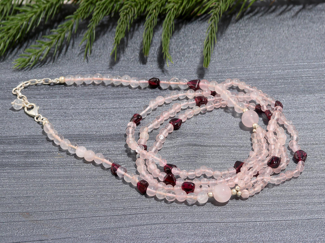 Natural Rose Quartz and Amethyst Sterling Silver Necklace
