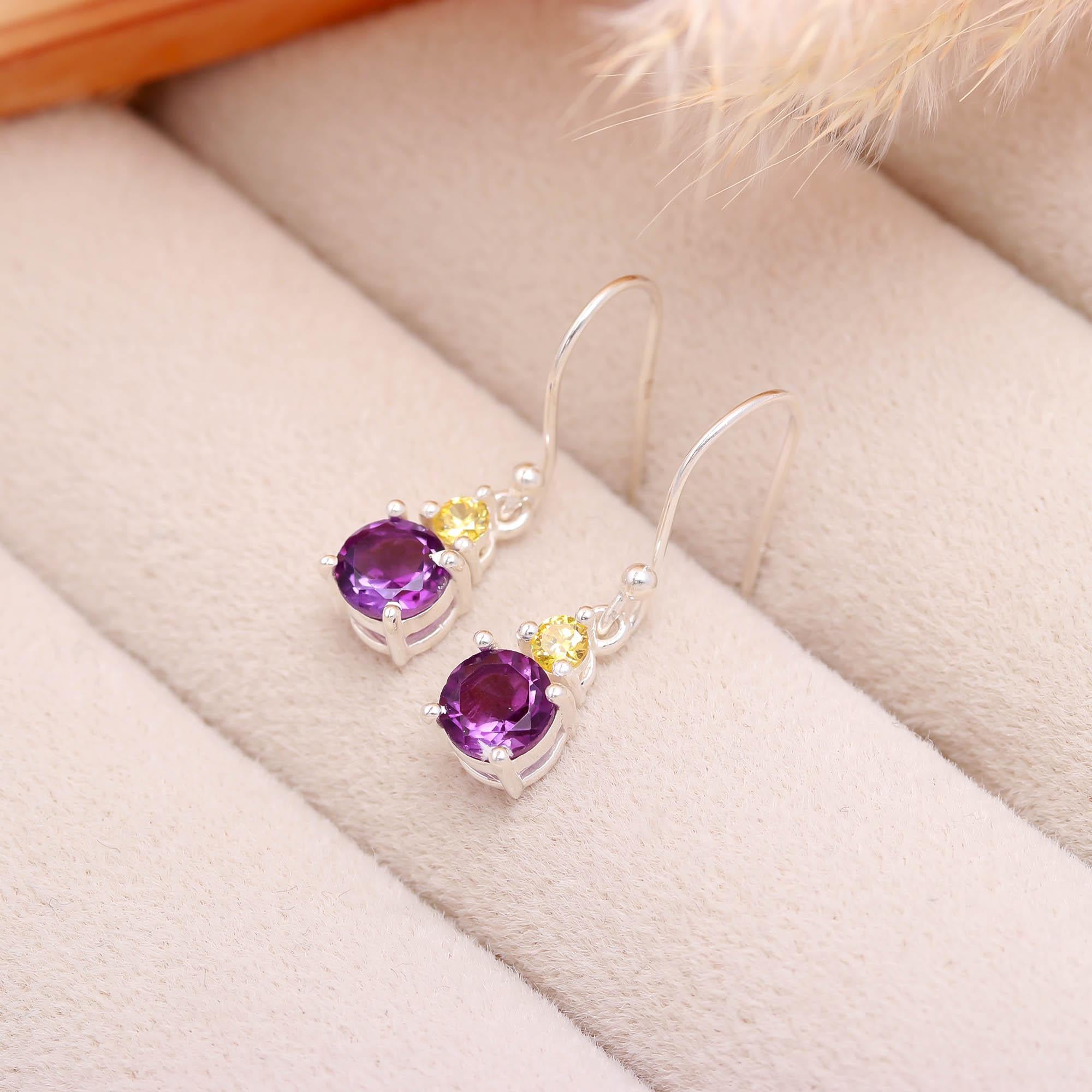Natural Amethyst & Yellow Zircon Earrings in 925 Sterling Silver