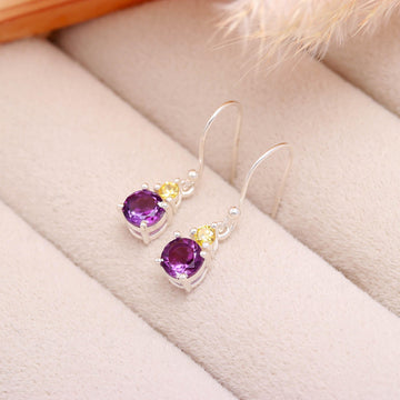 Natural Amethyst & Yellow Zircon Earrings in 925 Sterling Silver
