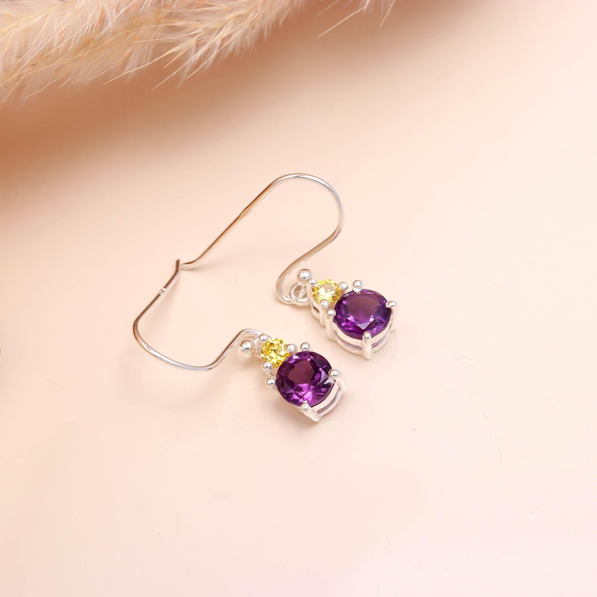 Natural Amethyst & Yellow Zircon Earrings in 925 Sterling Silver