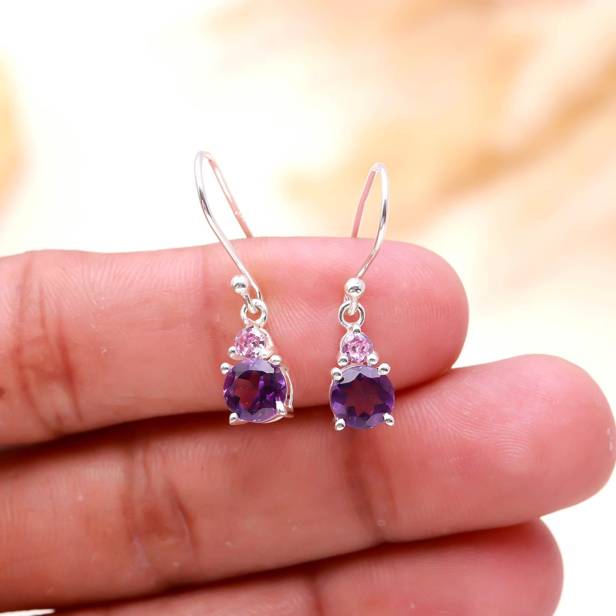 Genuine Amethyst and Pink Zircon Silver Earrings for Women