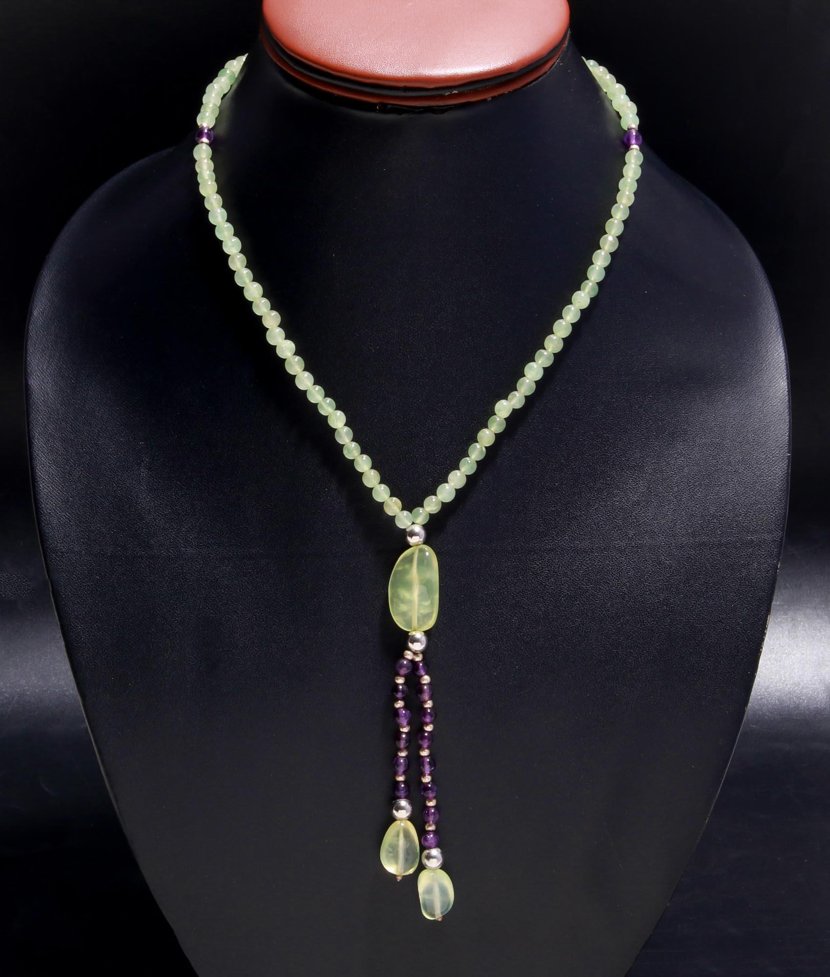 Genuine Amethyst and Prehnite Necklace with 925 Silver For Women
