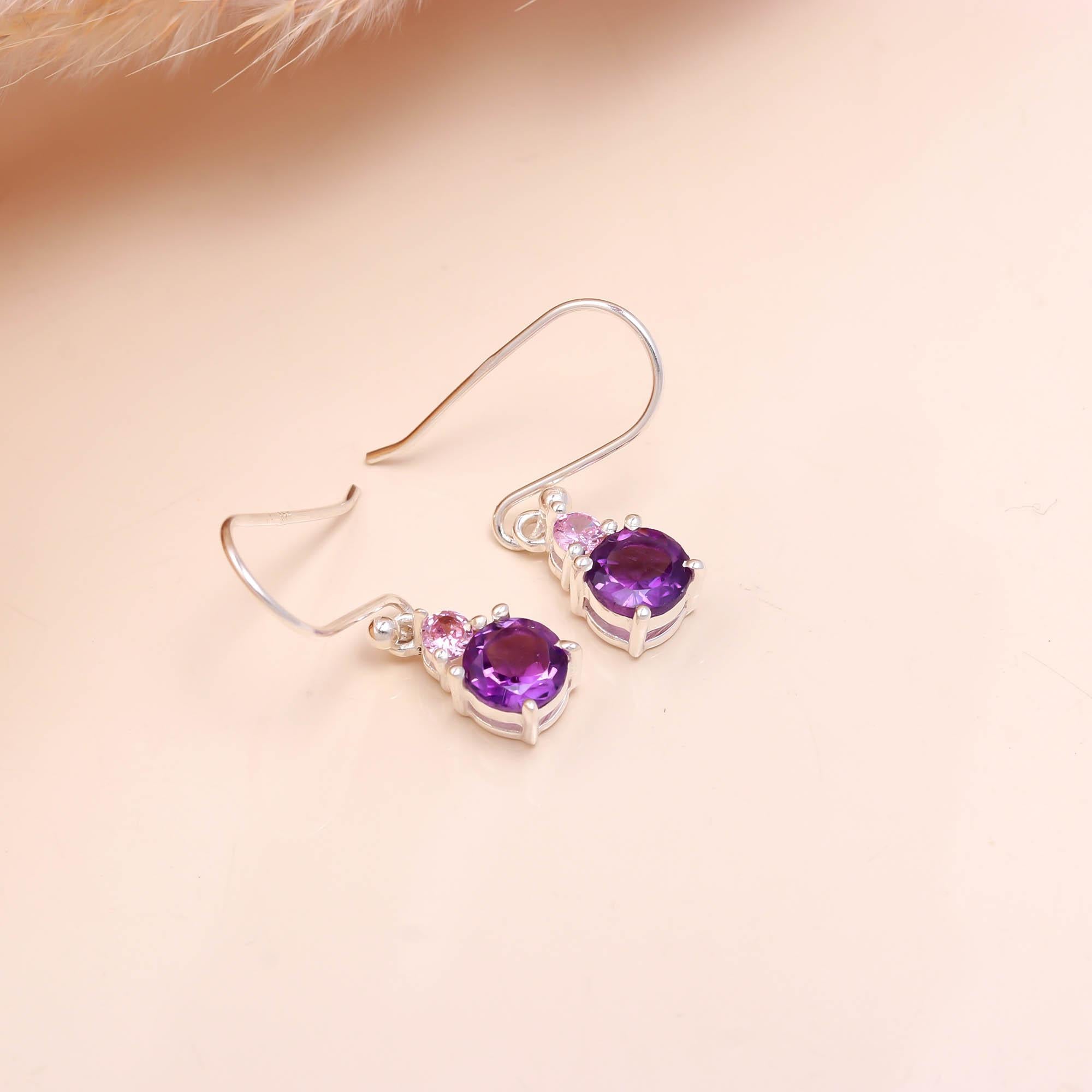 Genuine Amethyst and Pink Zircon Silver Earrings for Women