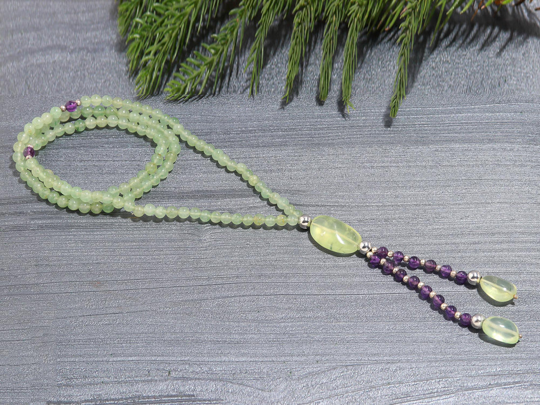 Genuine Amethyst and Prehnite Necklace with 925 Silver For Women