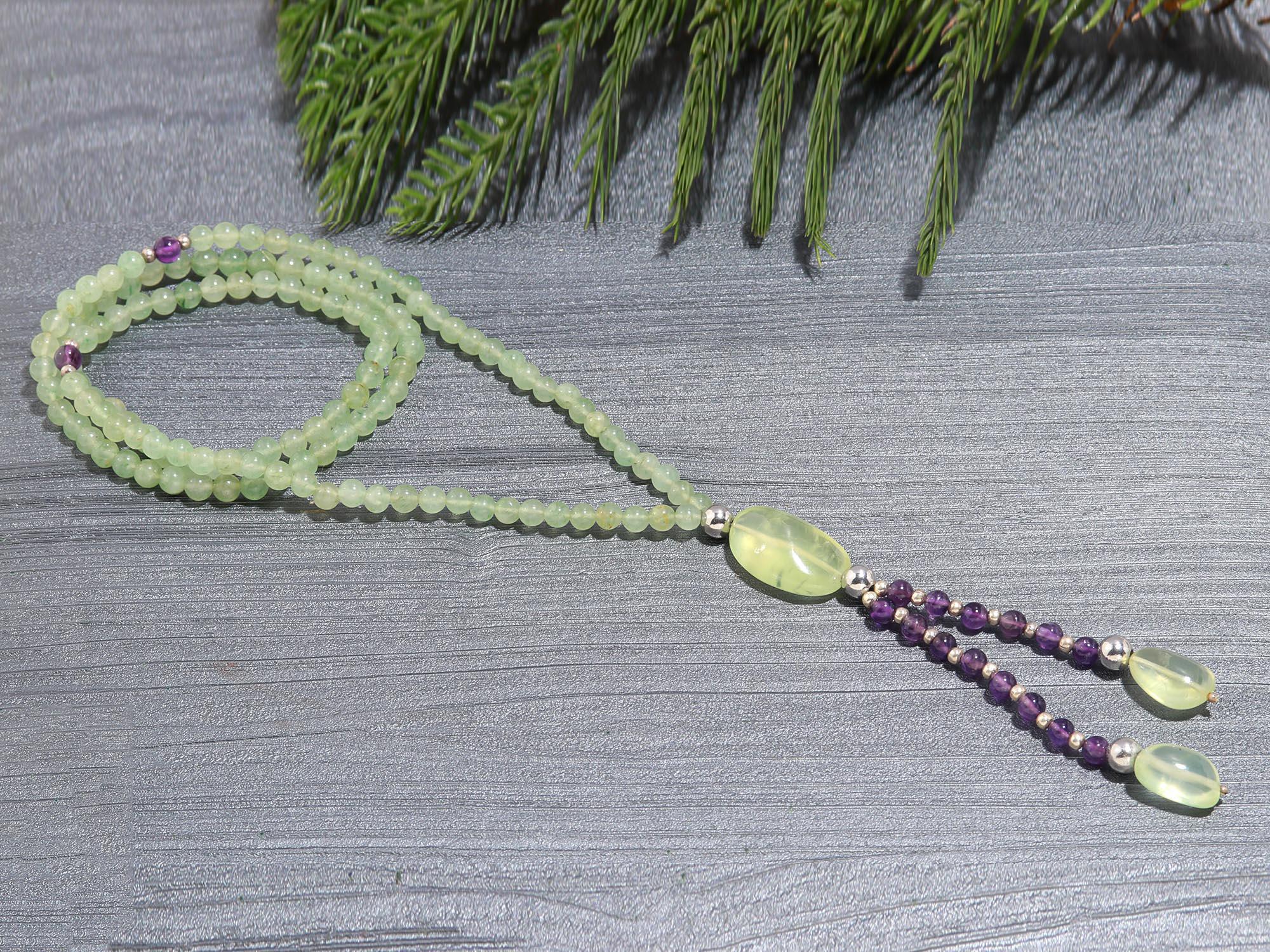 Genuine Amethyst and Prehnite Necklace with 925 Silver For Women