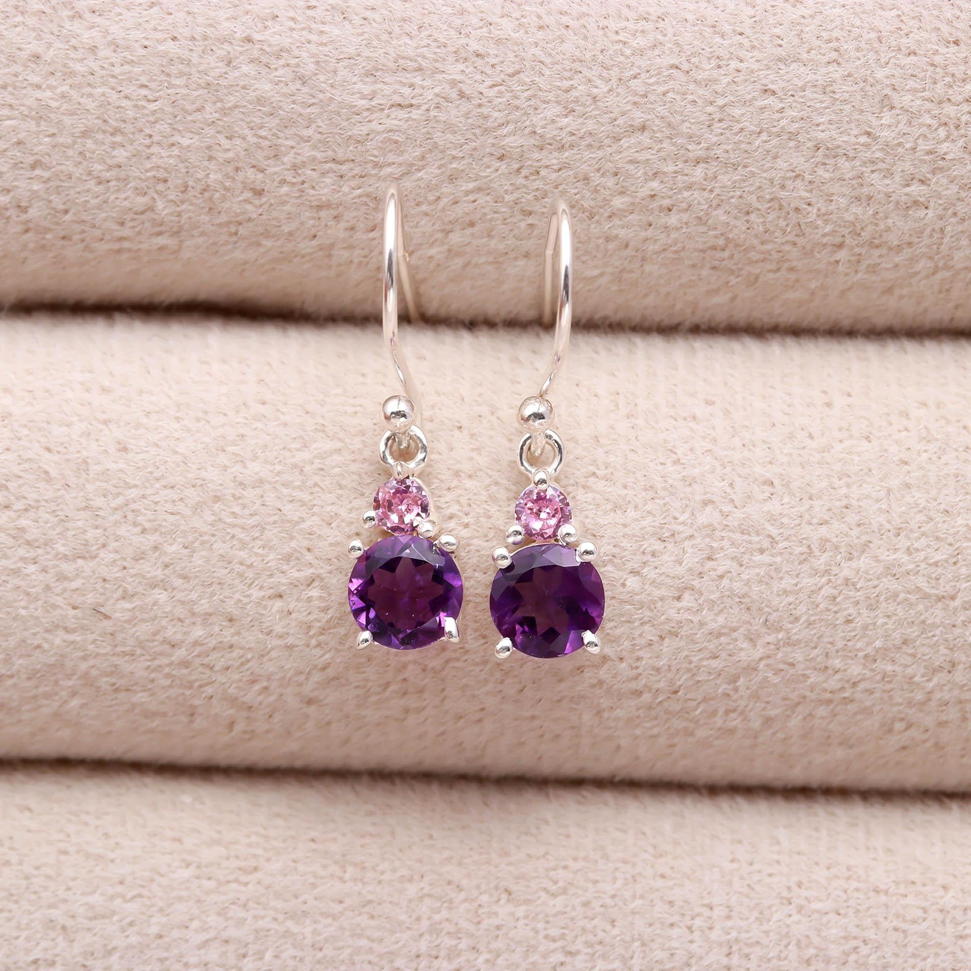 Genuine Amethyst and Pink Zircon Silver Earrings for Women