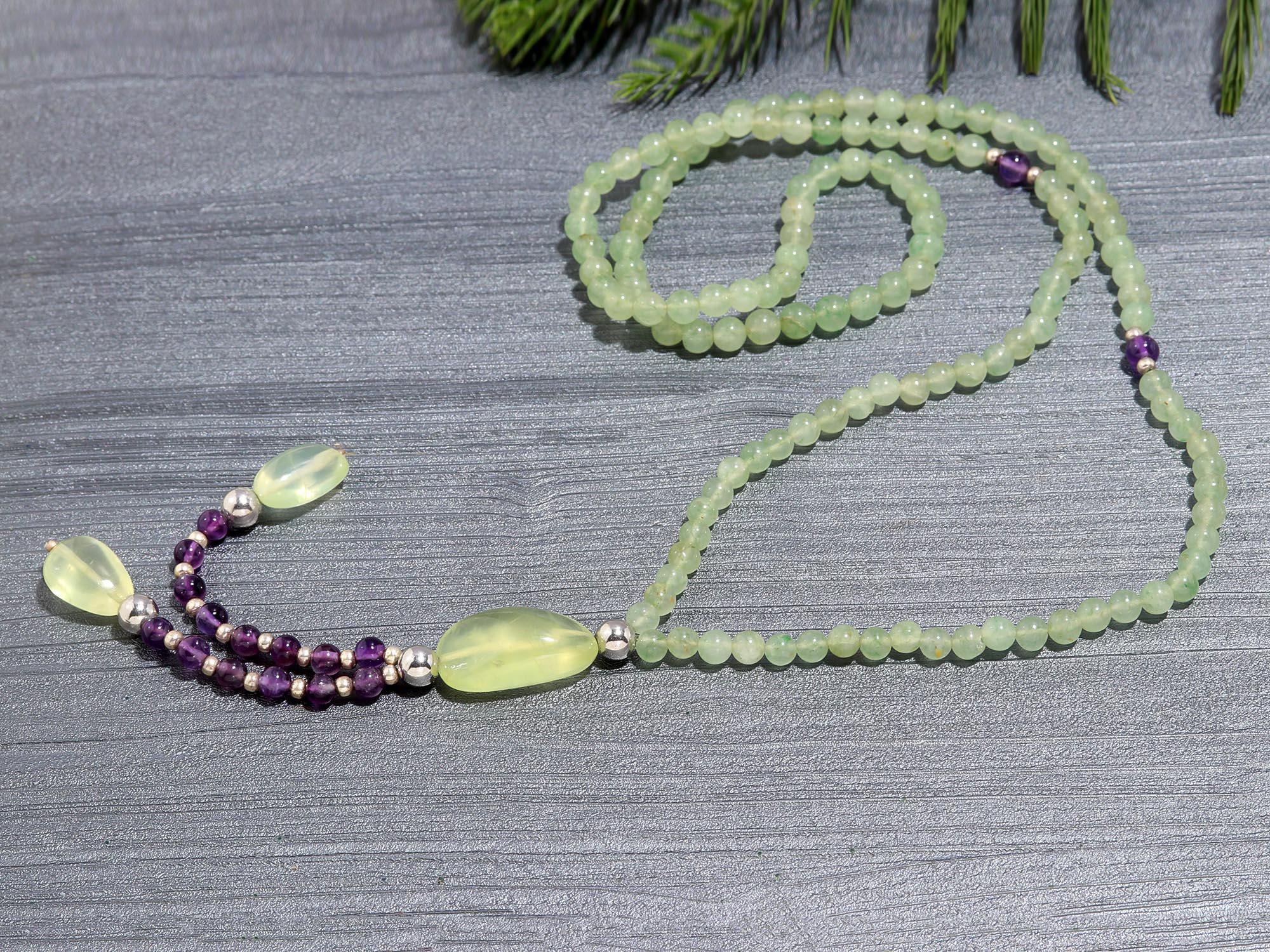 Genuine Amethyst and Prehnite Necklace with 925 Silver For Women