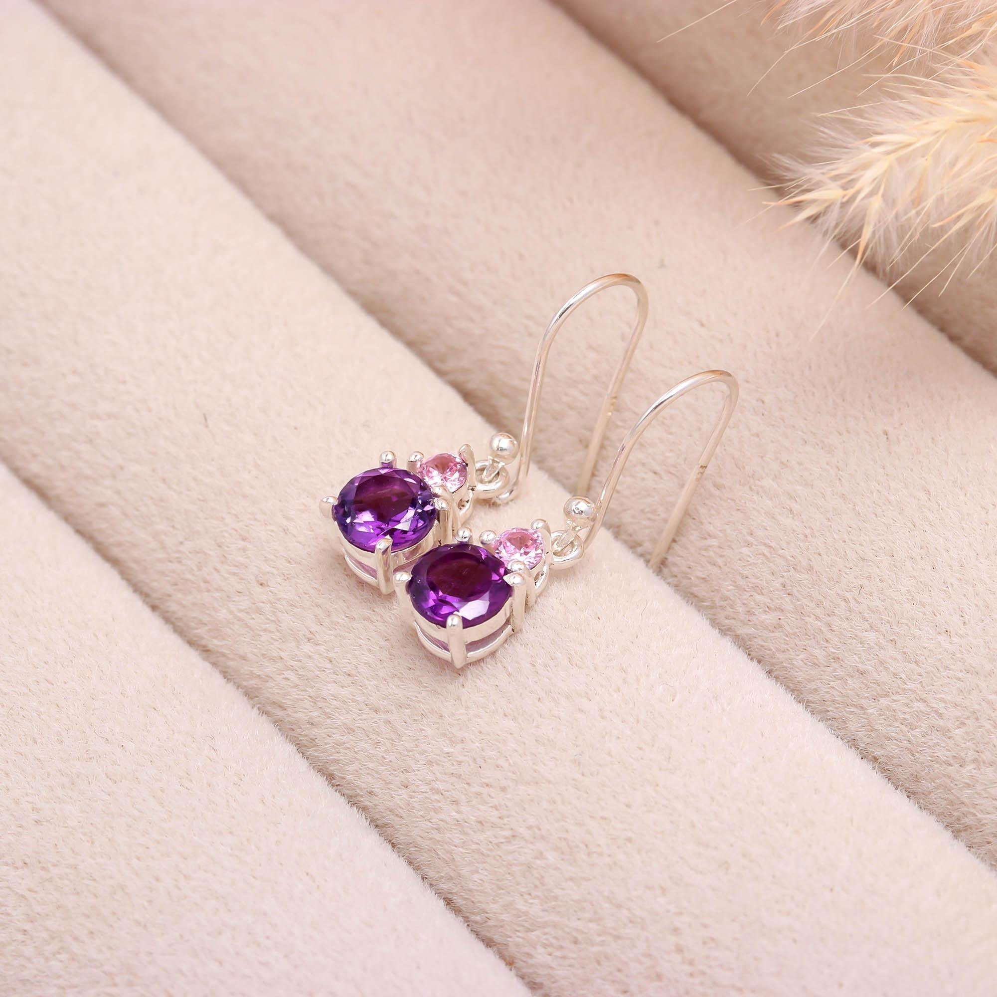 Genuine Amethyst and Pink Zircon Silver Earrings for Women