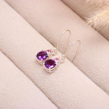 Genuine Amethyst and Pink Zircon Silver Earrings for Women