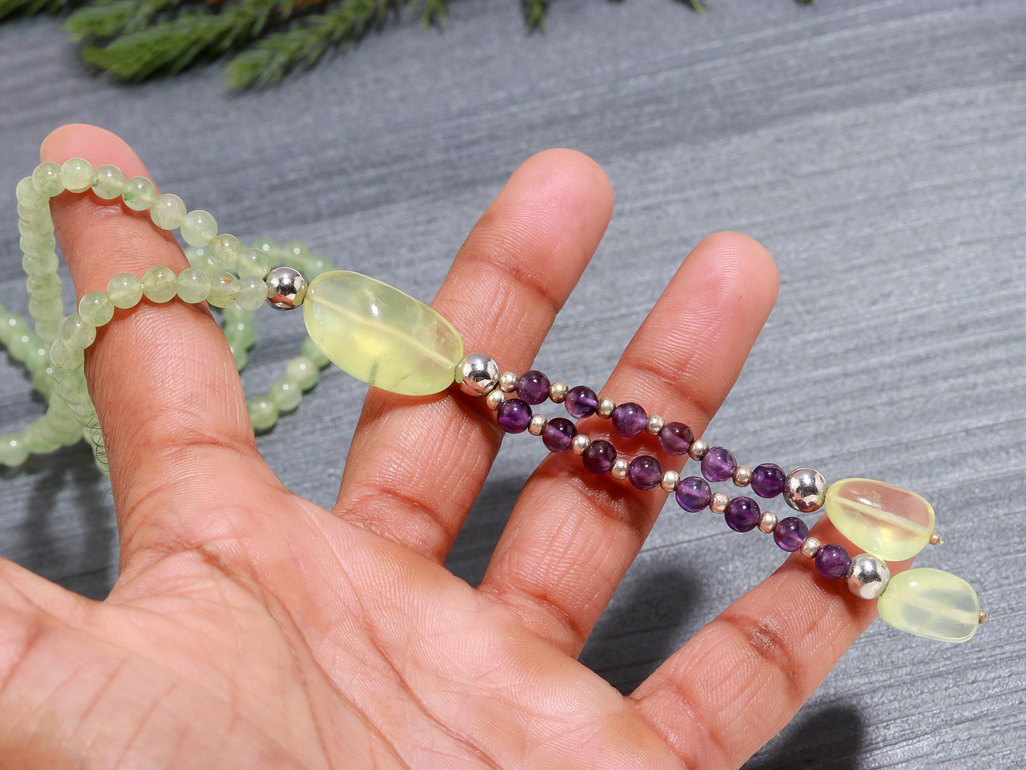 Genuine Amethyst and Prehnite Necklace with 925 Silver For Women