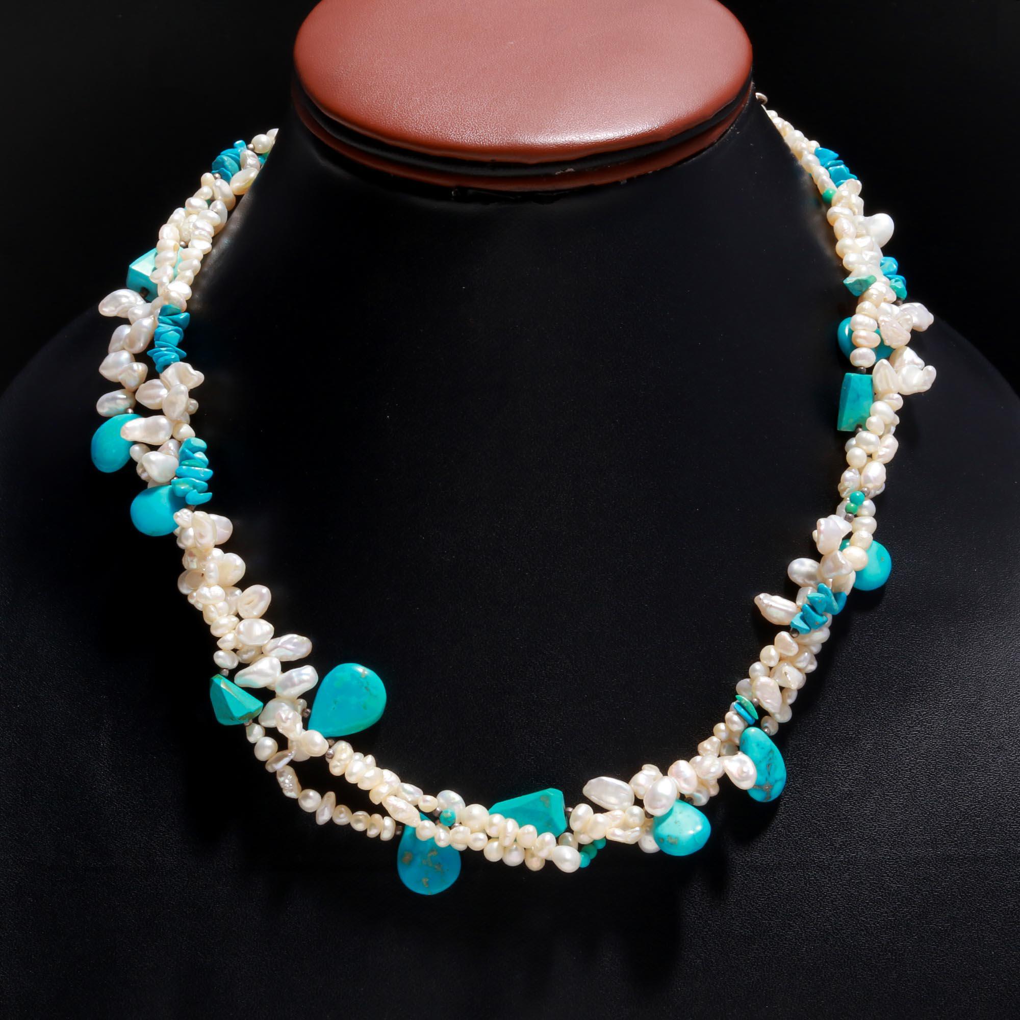 Timeless Turquoise and Freshwater Pearl Necklace with Sterling Silver Accents