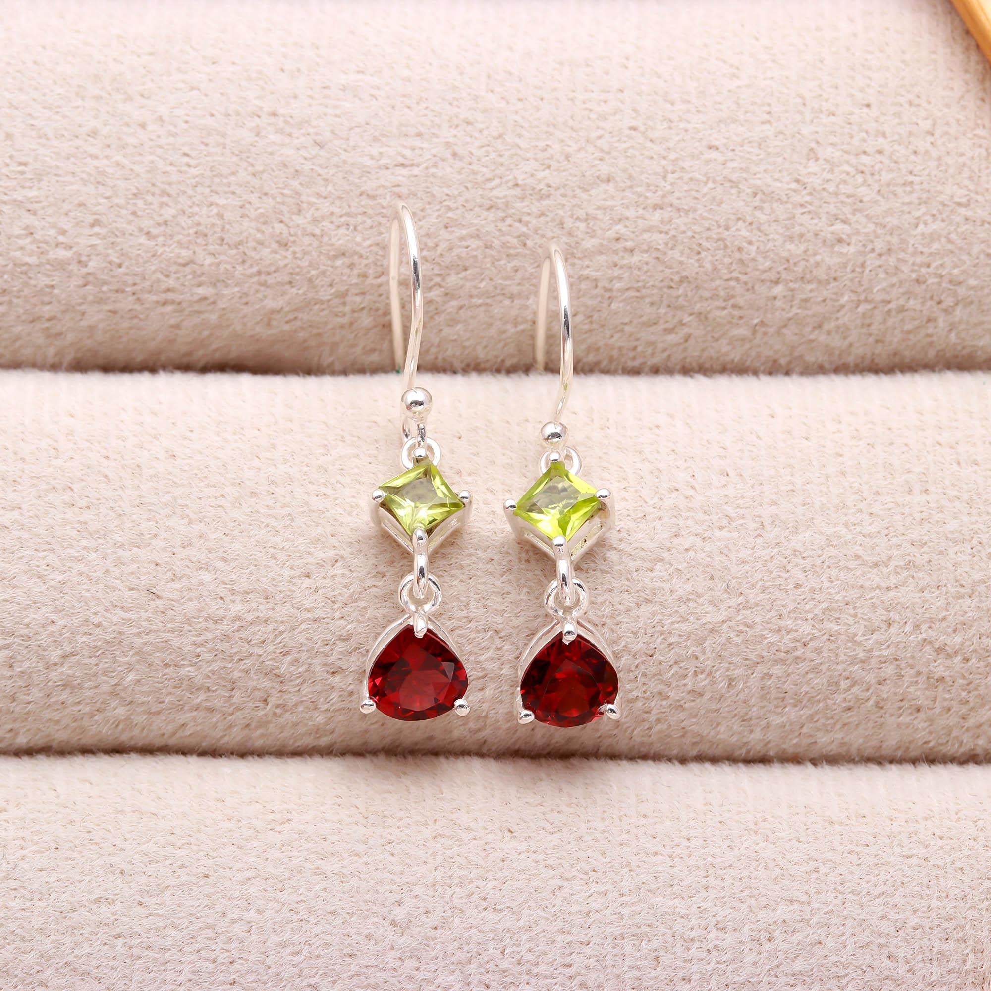 Earth’s Glow: Sterling Silver Earrings with Garnet & Peridot