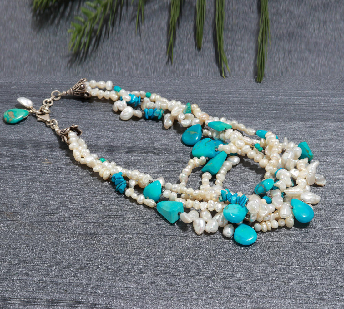 Timeless Turquoise and Freshwater Pearl Necklace with Sterling Silver Accents
