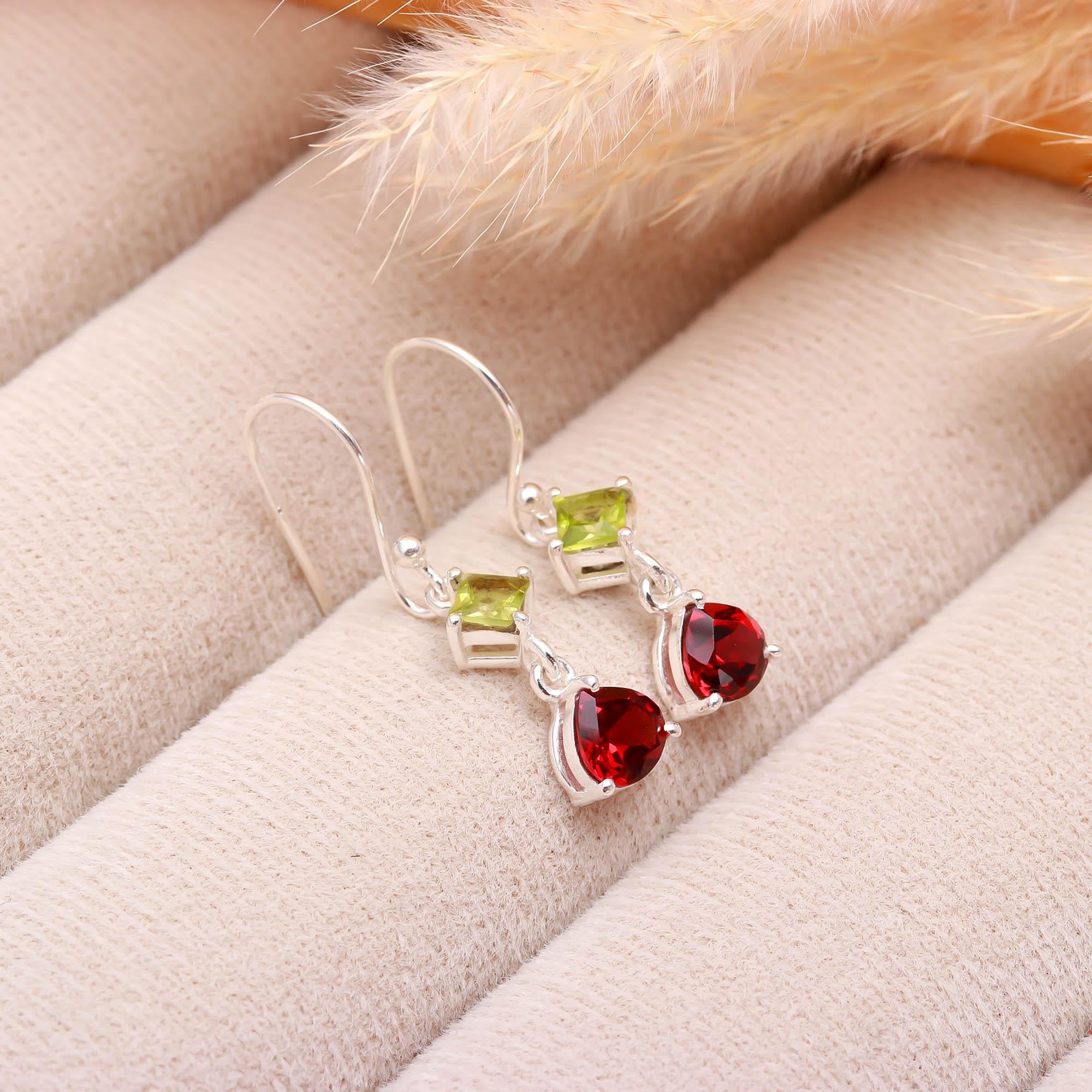 Earth’s Glow: Sterling Silver Earrings with Garnet & Peridot