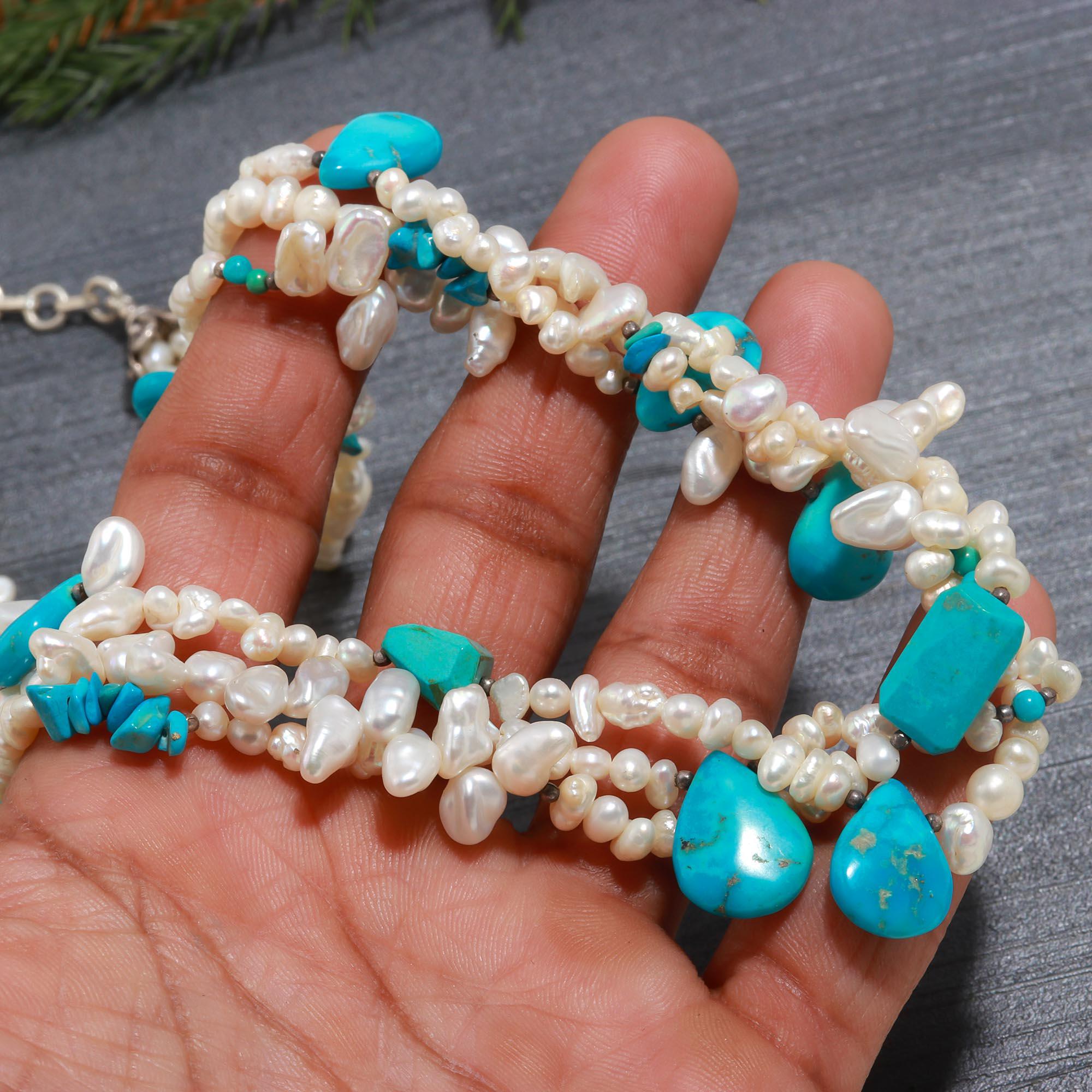 Timeless Turquoise and Freshwater Pearl Necklace with Sterling Silver Accents