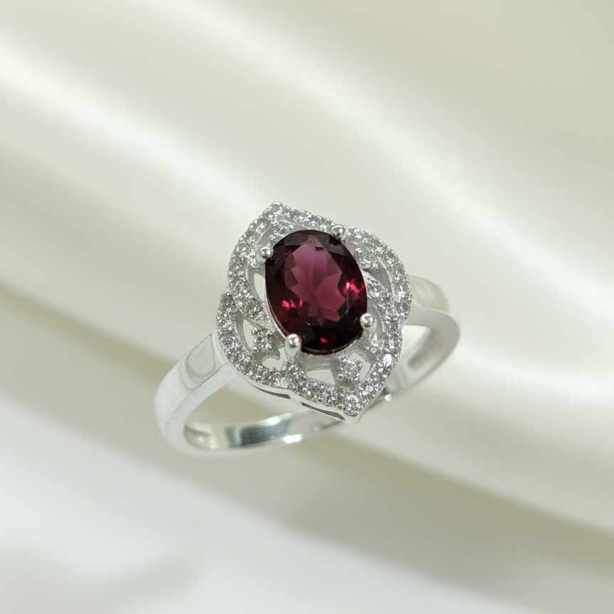Natural Rhodolite Garnet and Zircon Sterling Silver Statement Ring
