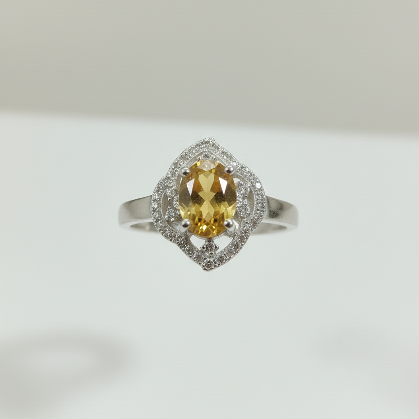 Natural Citrine and Zircon Sterling Silver Ring For Women