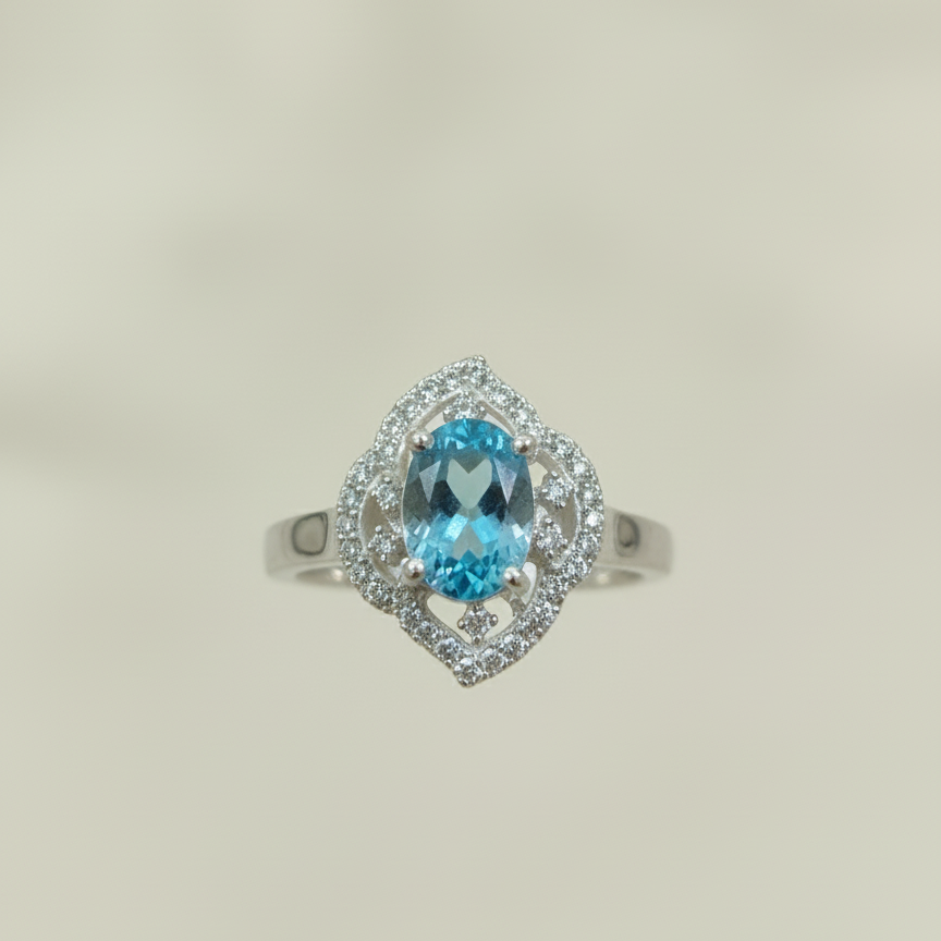 Natural Blue Topaz and Zircon Ring in sterling Silver For Women